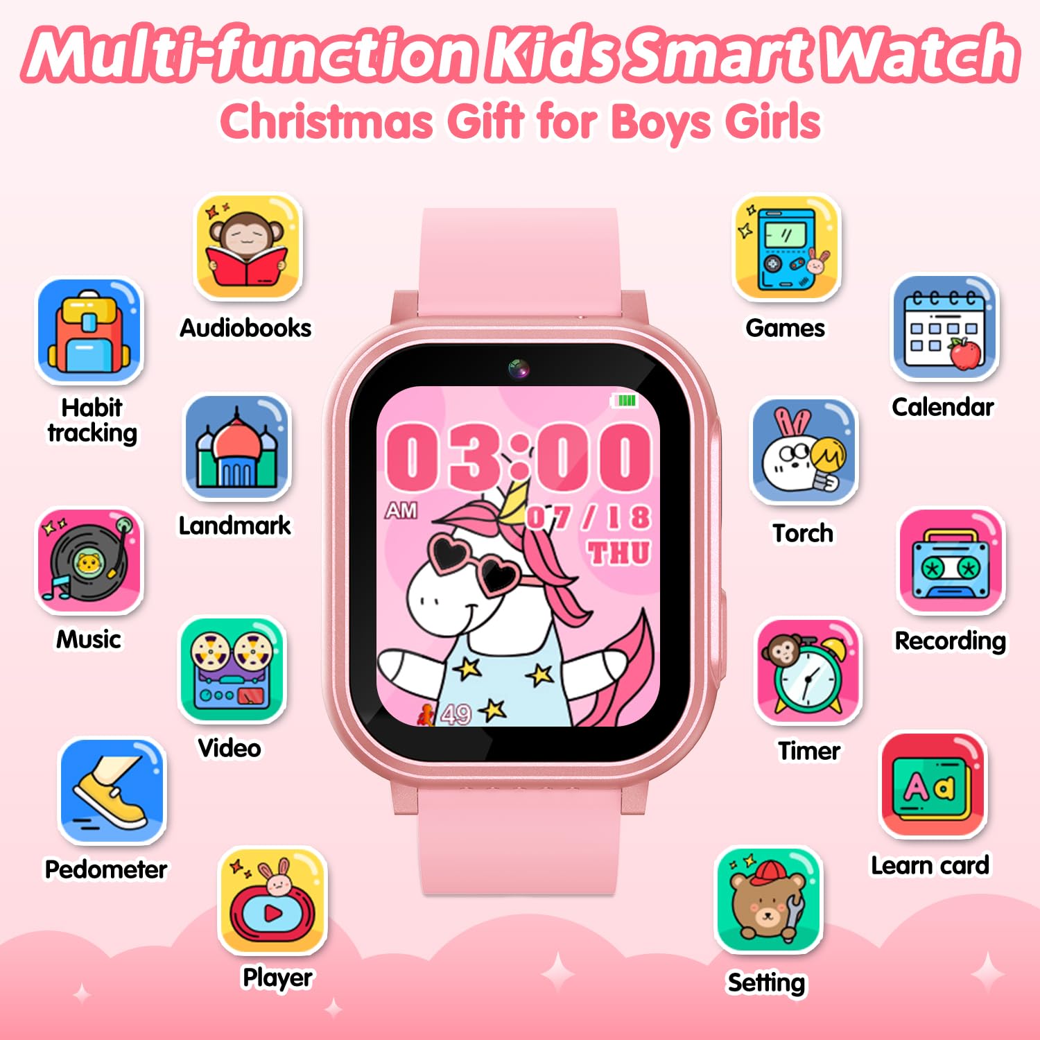Cosjoype Kids Waterproof Smart Watch With 32 Games Dual Camera Hd Touchscreen Music Player Pedometer Flashlight Habit Tracking A