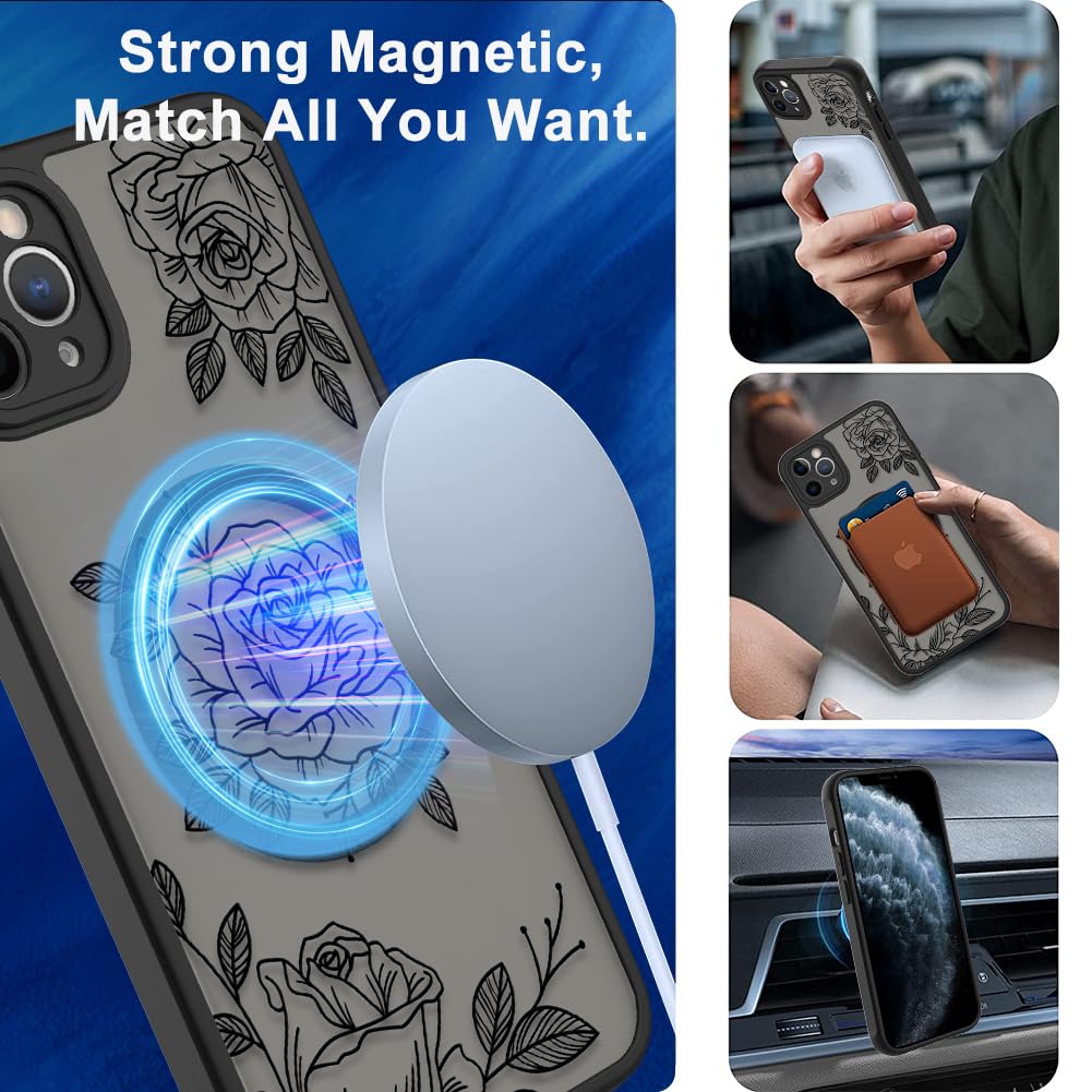 Ook Magnetic For Iphone 11 Pro Max Case Black Flower Floral Pattern [Compatible With Magsafe] Slim Translucent Matte Camera Lens