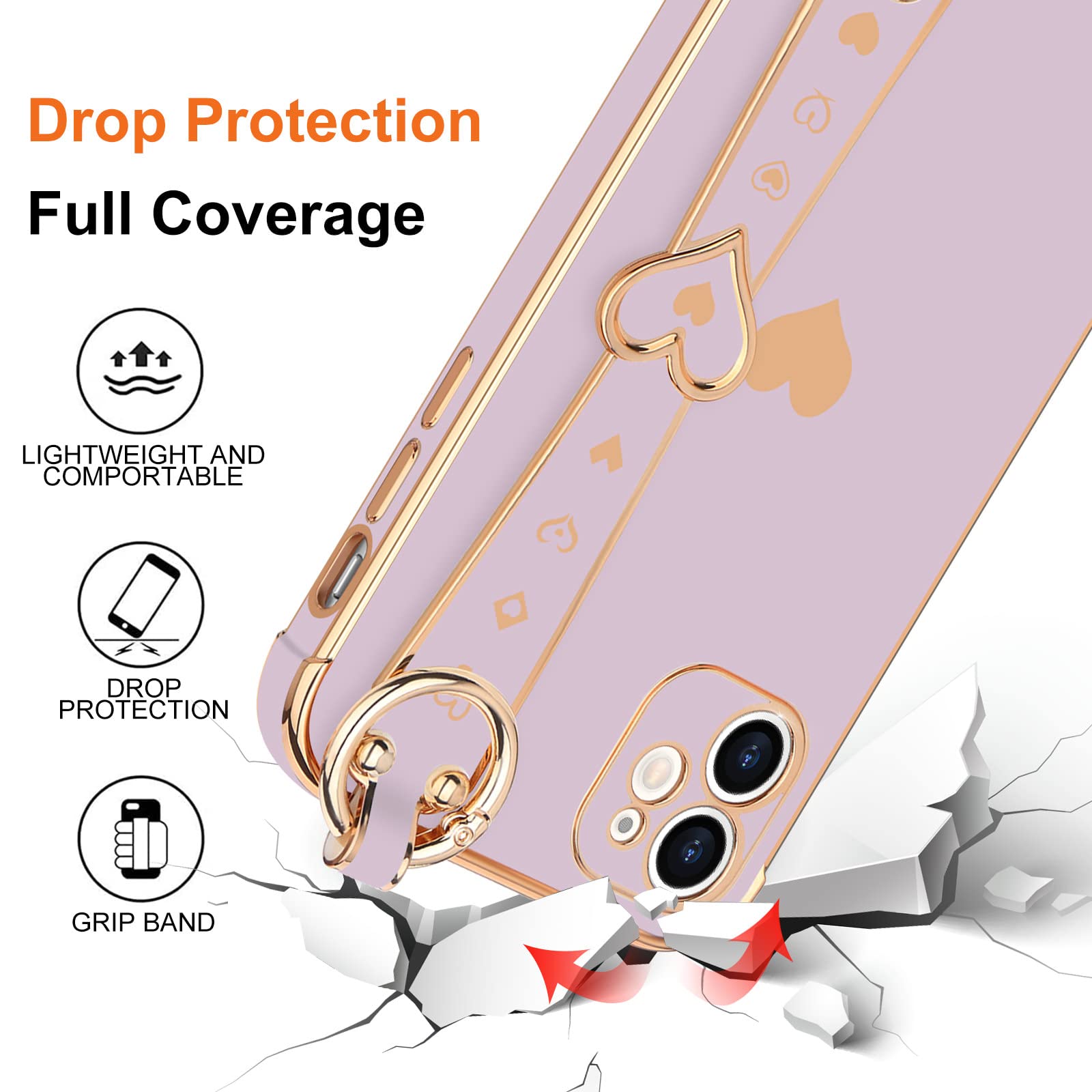 Llz.Coque Iphone 11 Cute Love Heart Case With Wristband, Bling Silicone Bumper, Camera Lens Protection   Purple (6.1'')