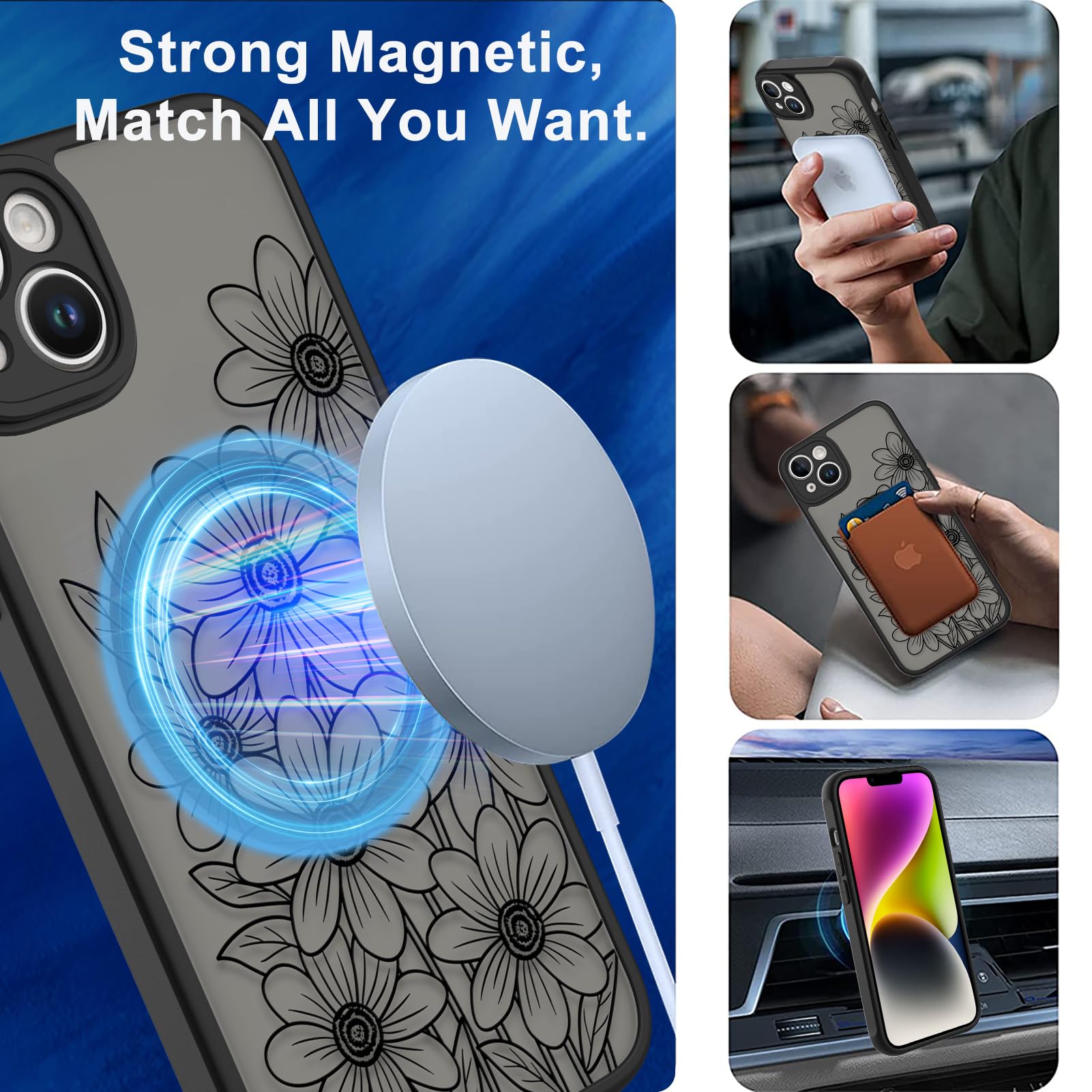 Ook Magnetic For Iphone 14 Case Black Flower Sunflower Pattern [Compatible With Magsafe] Slim Translucent Matte Camera Lens Prot