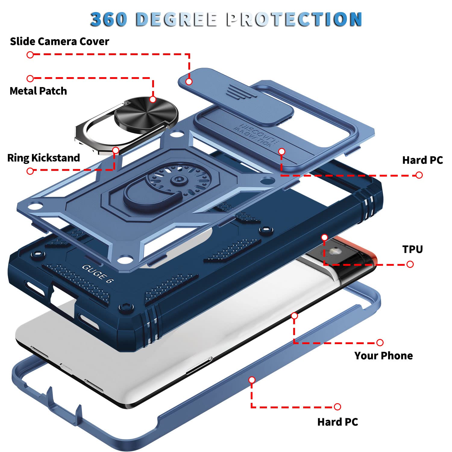 Fetrim Case For Google Pixel 6 Pro, Camera Cover Phone Case With Rotation Ring Stand For Google Pixel 6 Pro   Blue