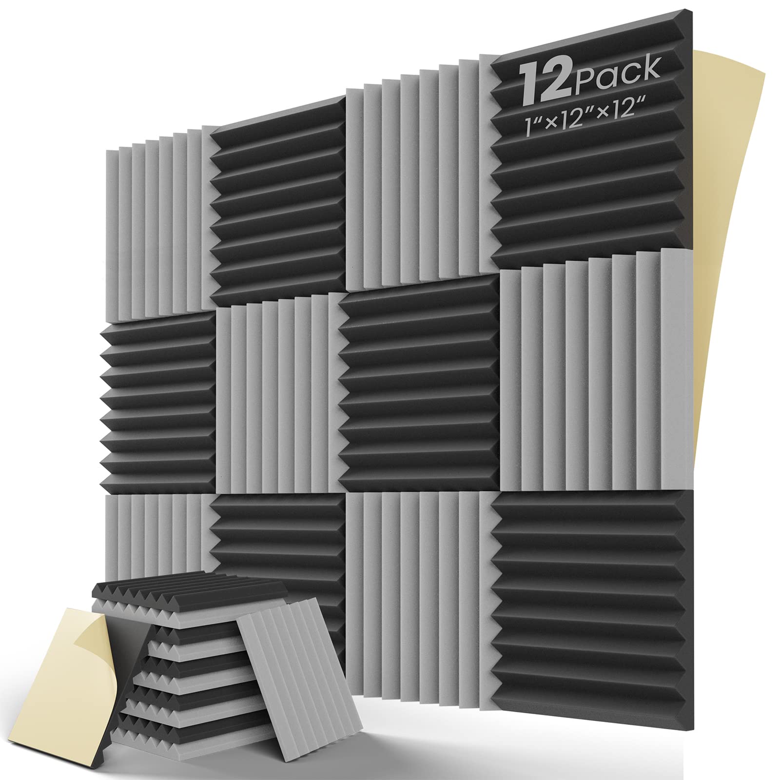 Leiyer Upgrade 12 Pack Sound Proof Foam Panels With Self Adhesive, 1'' X 12'' X 12'' Quick Recovery Acoustic Panels, Acoustic Fo