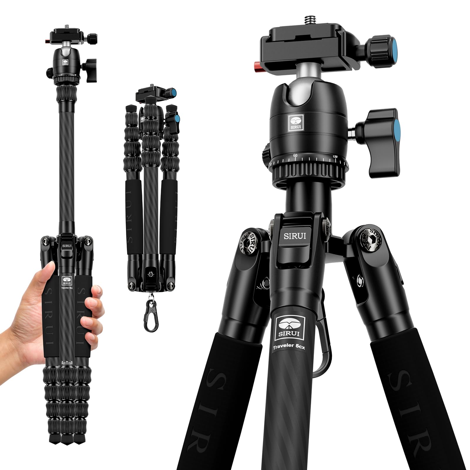 Sirui 52' Carbon Fiber Travel Tripod, Compact Lightweight Camera Tripod, 360� Ball Head Detachable, Load 10Kg/22Lbs, Folded Height 13' (Traveler 5Cx)