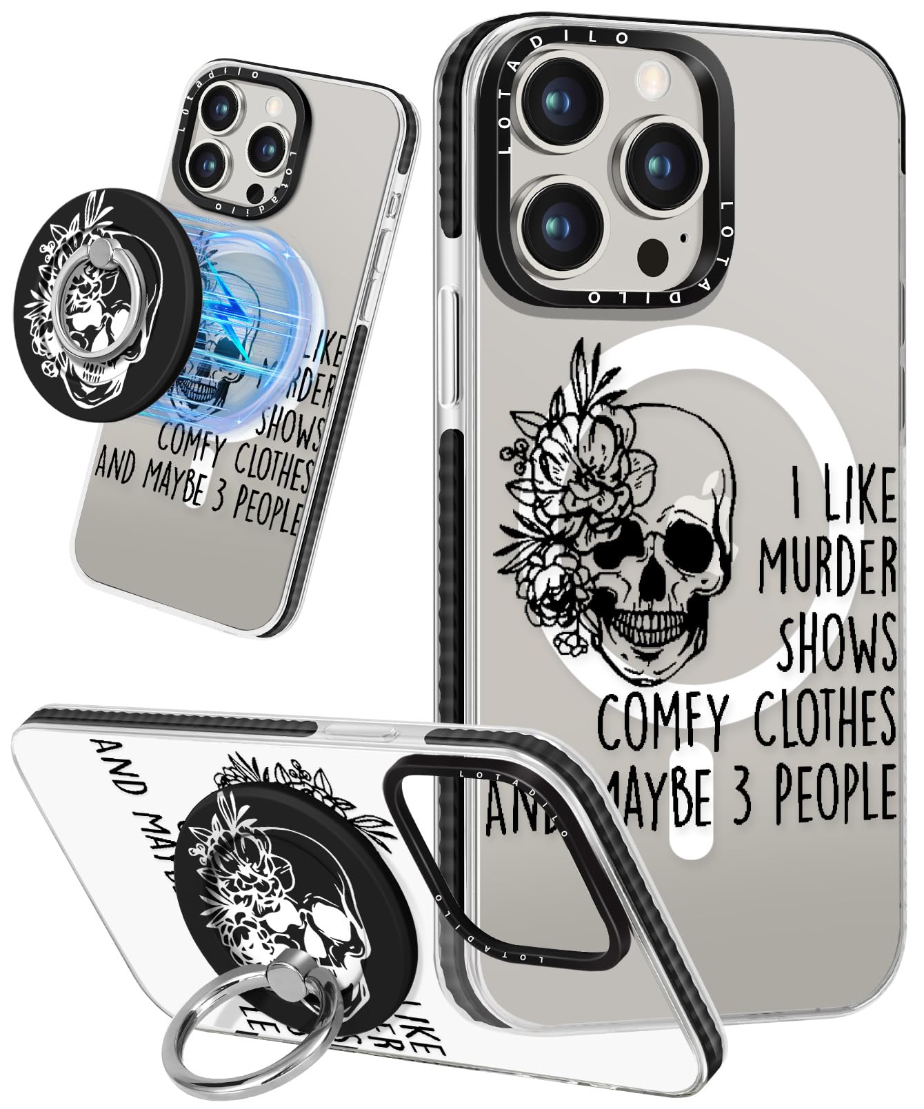 Lotadilo for iPhone 13 Pro Max Case for Women Girls - Cute Design Compatible with Magsafe Magnetic Ring Holder Stand Skull Skele