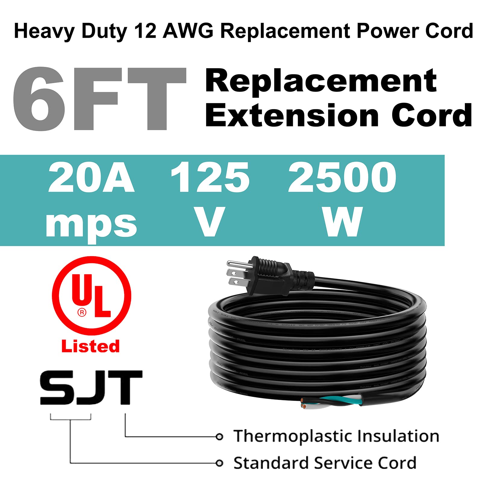 Lakczio 6 Ft 12 Awg 3 Prong Replacement Power Cord, 20 Amp 12 Gauge 3 Conductor Wire Extension Cable With Pigtail Open Wiring En