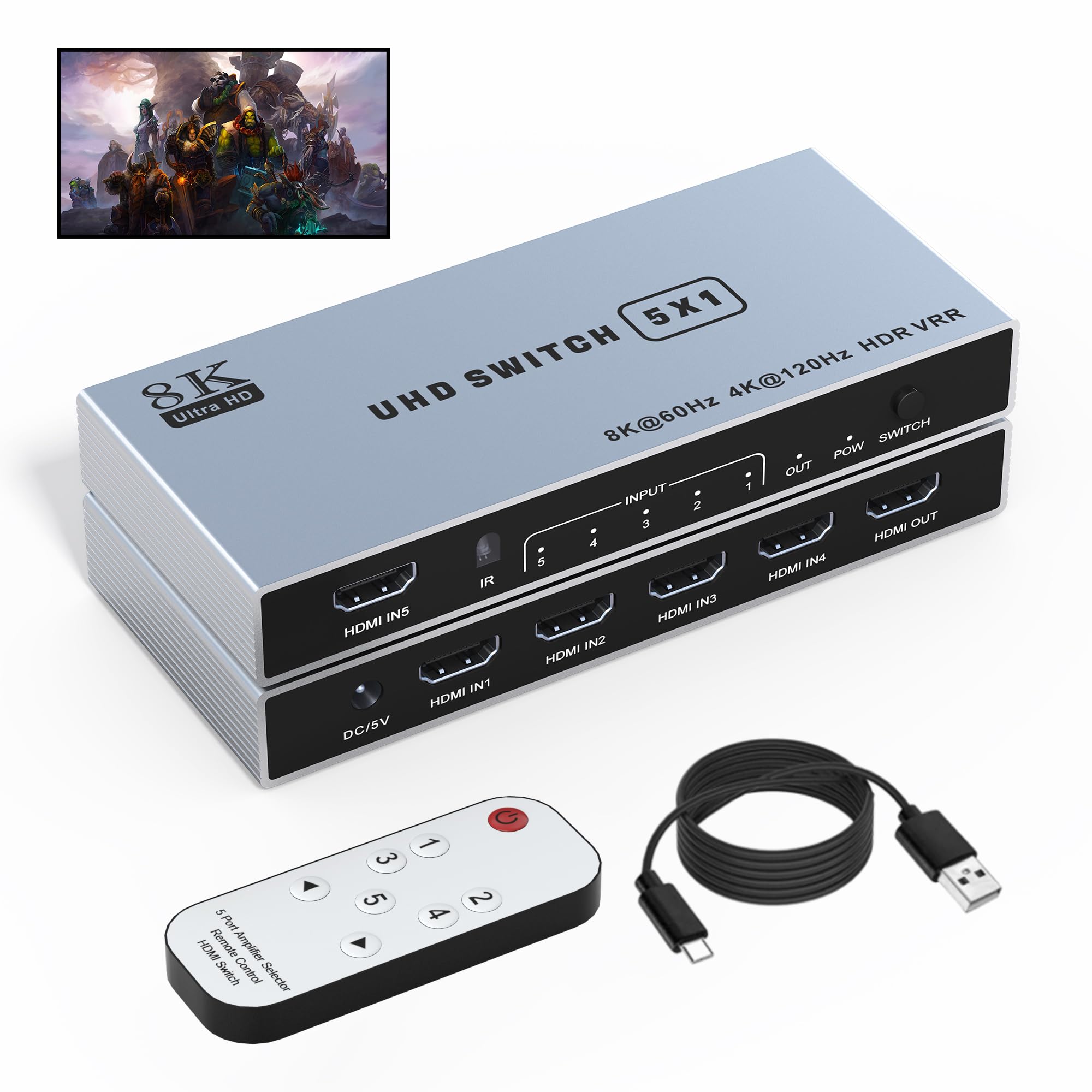8K Hdmi Switch 5 In 1 Out 8K@60Hz 4K@120Hz, Hdmi 2.1 Splitter With Ir Remote Hdmi Switcher Selector Box Support 8K 4K 120Hz, Hdm