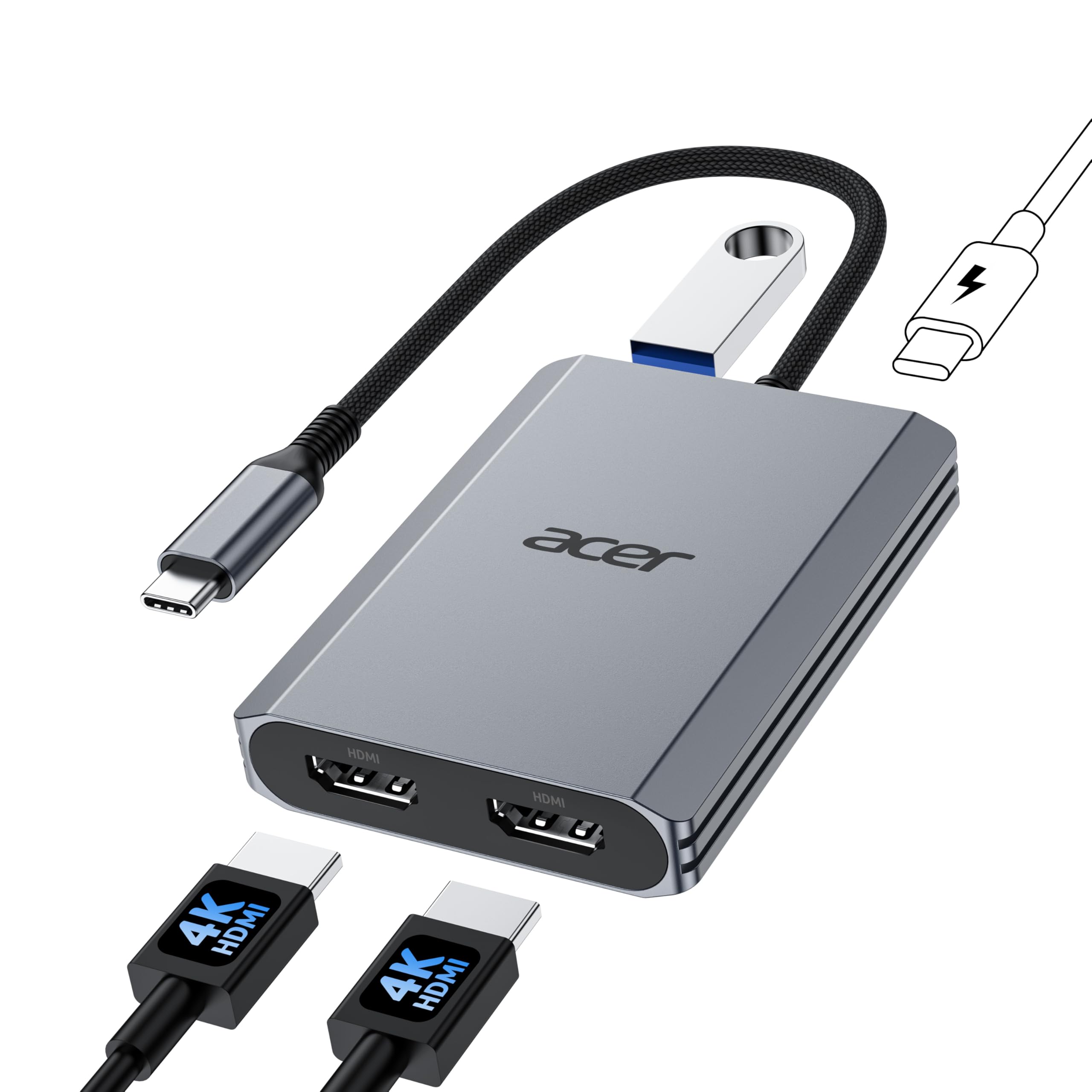 Acer 4in1 USB C Hub, Type C to Dual HDMI Adapter 4K@60Hz