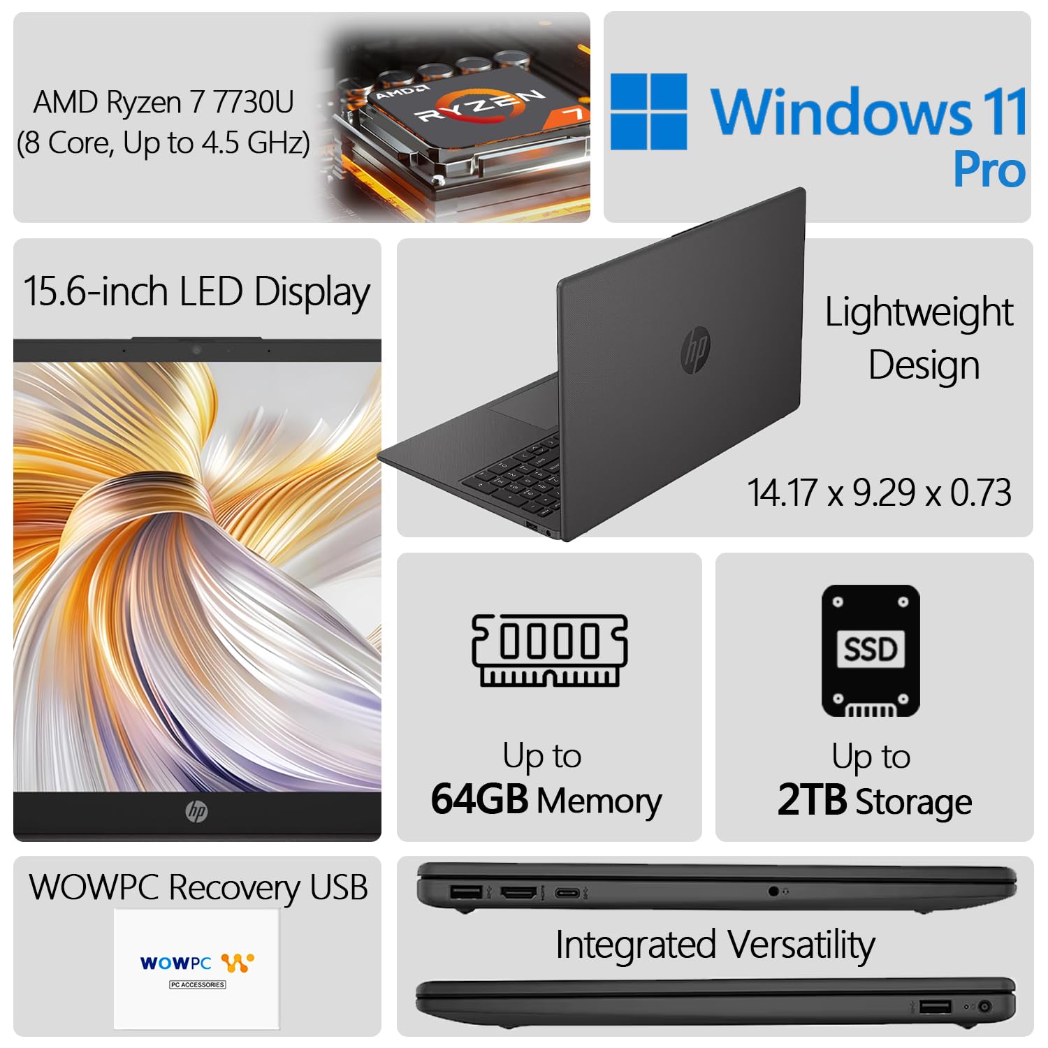 Hp 255 G10 Business Laptop, Amd Ryzen 7 7730U Processor (Beats I7-1355U), 16Gb Ram, 2Tb Ssd, 15.6'' Fhd Led Display, Spill-Resis