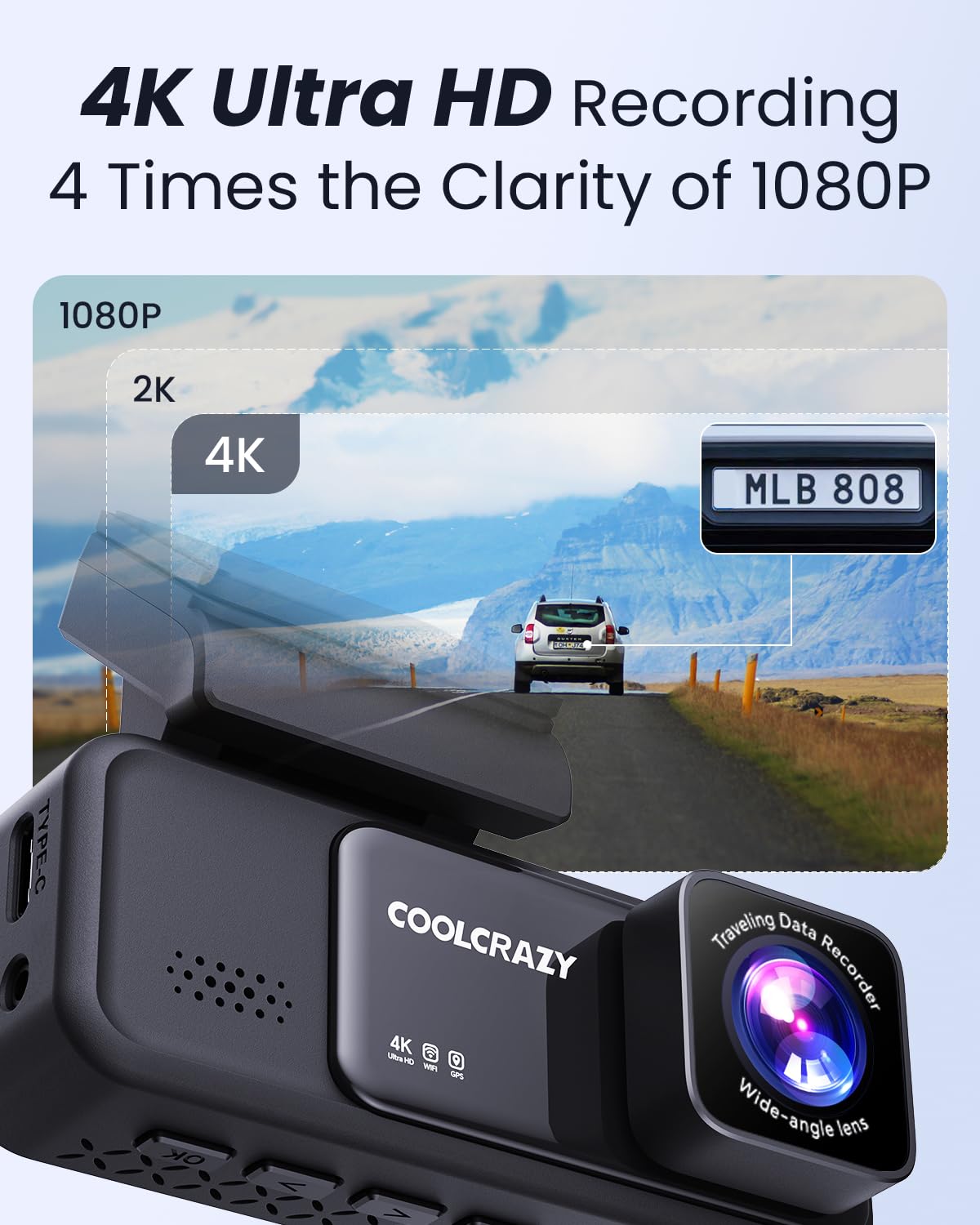 Coolcrazy Dash Cam 4K Front, Built In Wifi Gps Dash Camera For Cars, 3.2'' Ips Screen Dashcam With App Control, Free 32G Card, 1