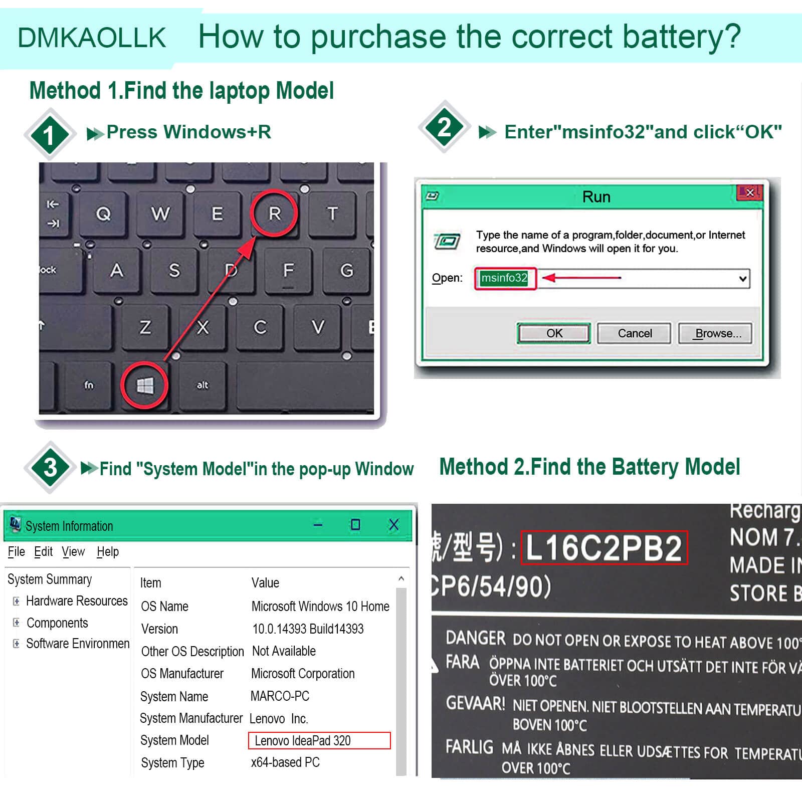 DMKAOLLK L16C2PB2 Li-ion Battery Replacement for Lenovo IdeaPad 320 330 S145 Series 7.6V 30Wh Black