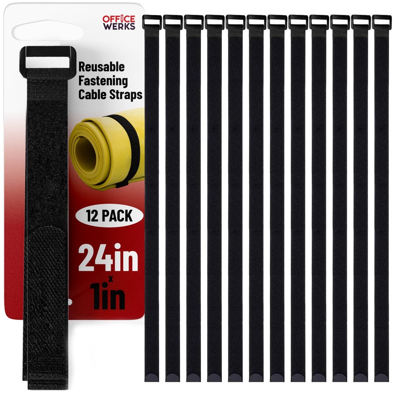 Office Werks 12 Pack of 24 x 1 Inch Cinch Straps, Reusable Black Nylon Cable/Securing and Fastening Straps Adjustable Nylon Hook