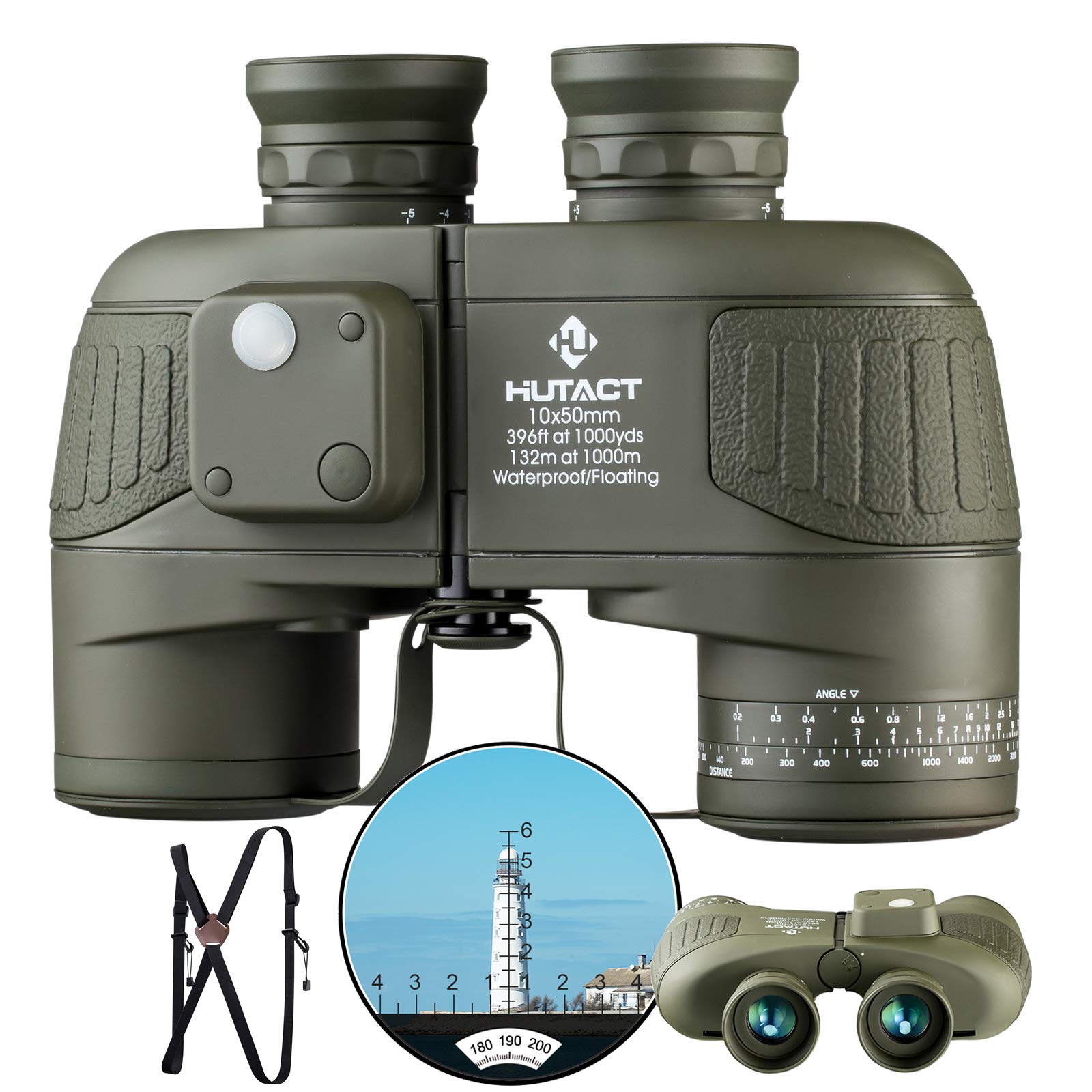 HUTACT 10x50 Marine Binoculars for Adults: Professional Binoculars with Rangefinder and Compass, Waterproof Fogproof BAK4 FMC Le