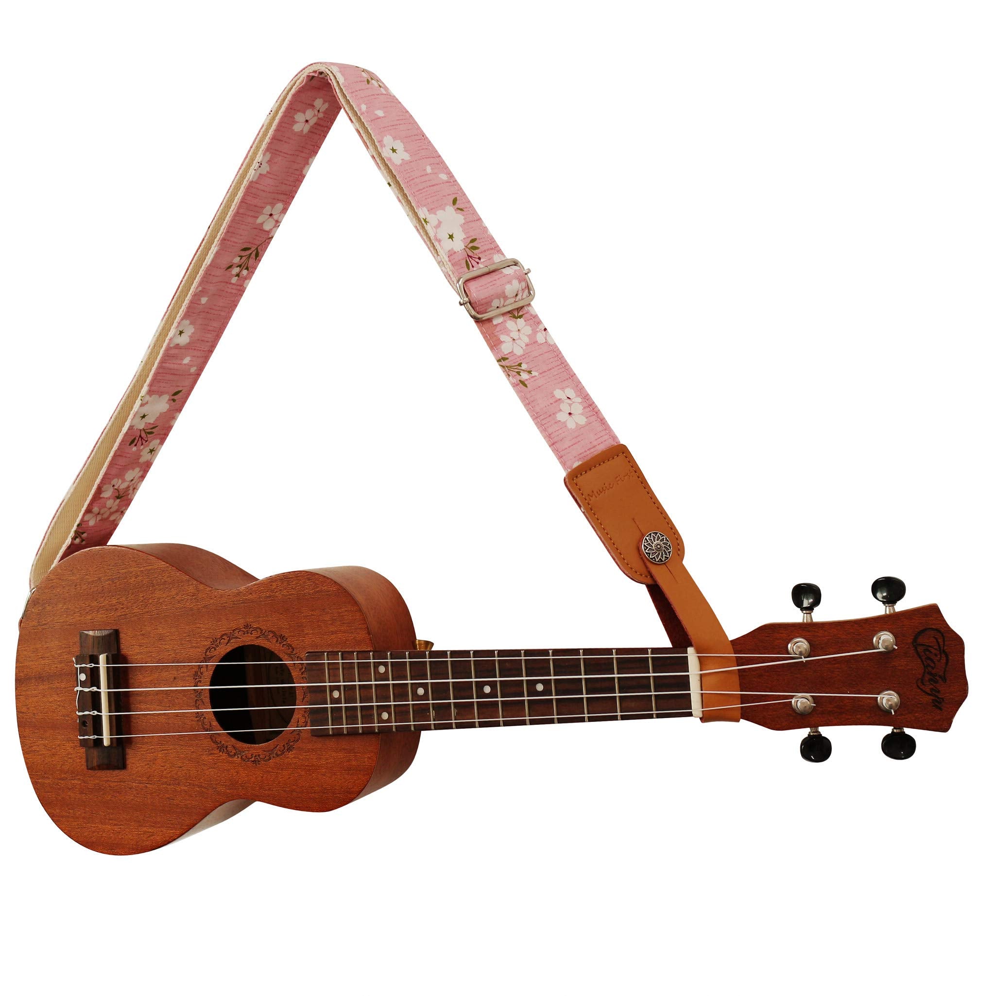 Music First Original Design Vintage Pink Sakura    Soft Muslin & Genuine Leather Ukulele Strap Ukulele Shoulder Strap With A Mus