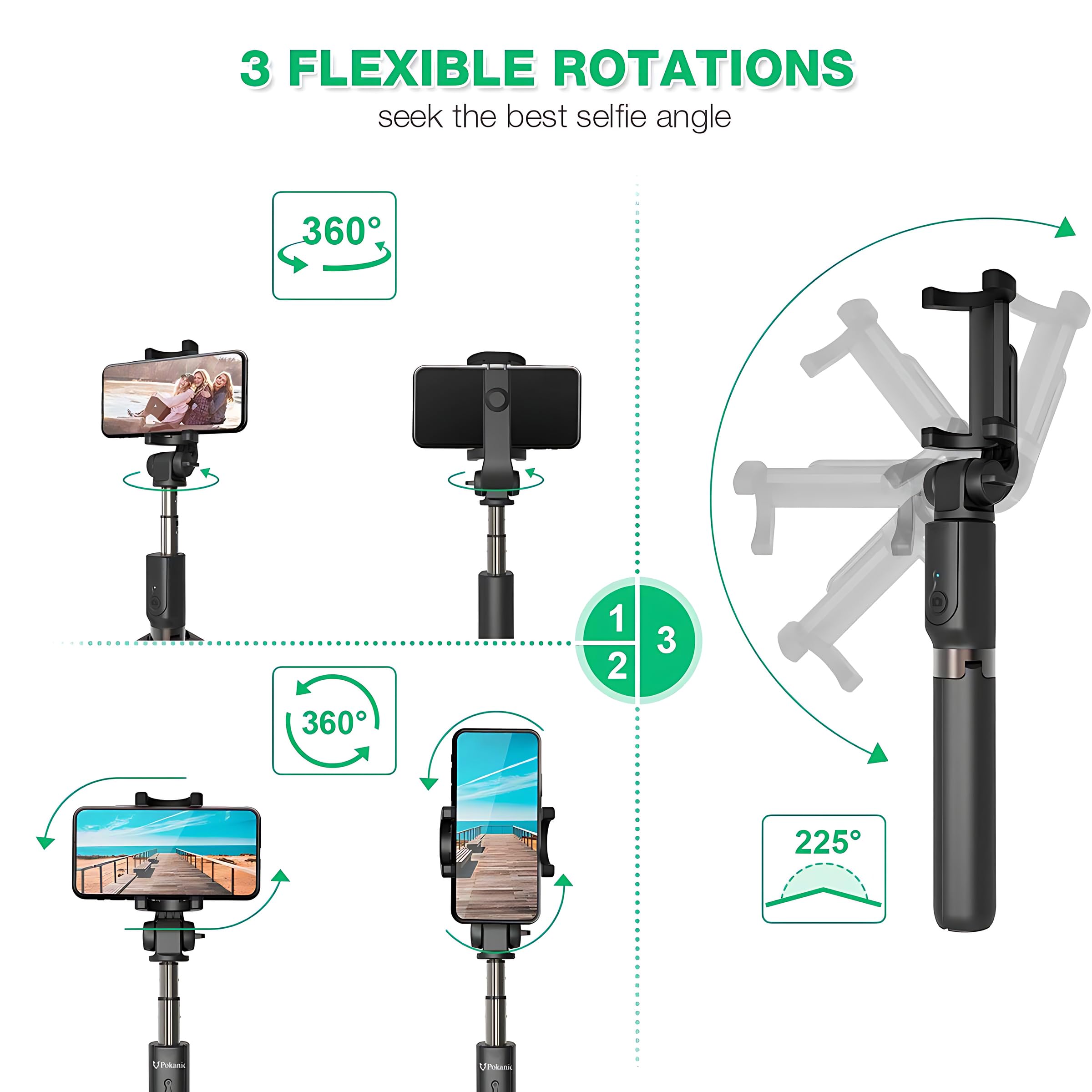 Pokanic Selfie Stick Tripod With Wireless Remote Controller Pouch Extendable Adjustable Stand Mount Light Weight V Log Compatible With All Apple Iphone, Samsung Galaxy (Black)