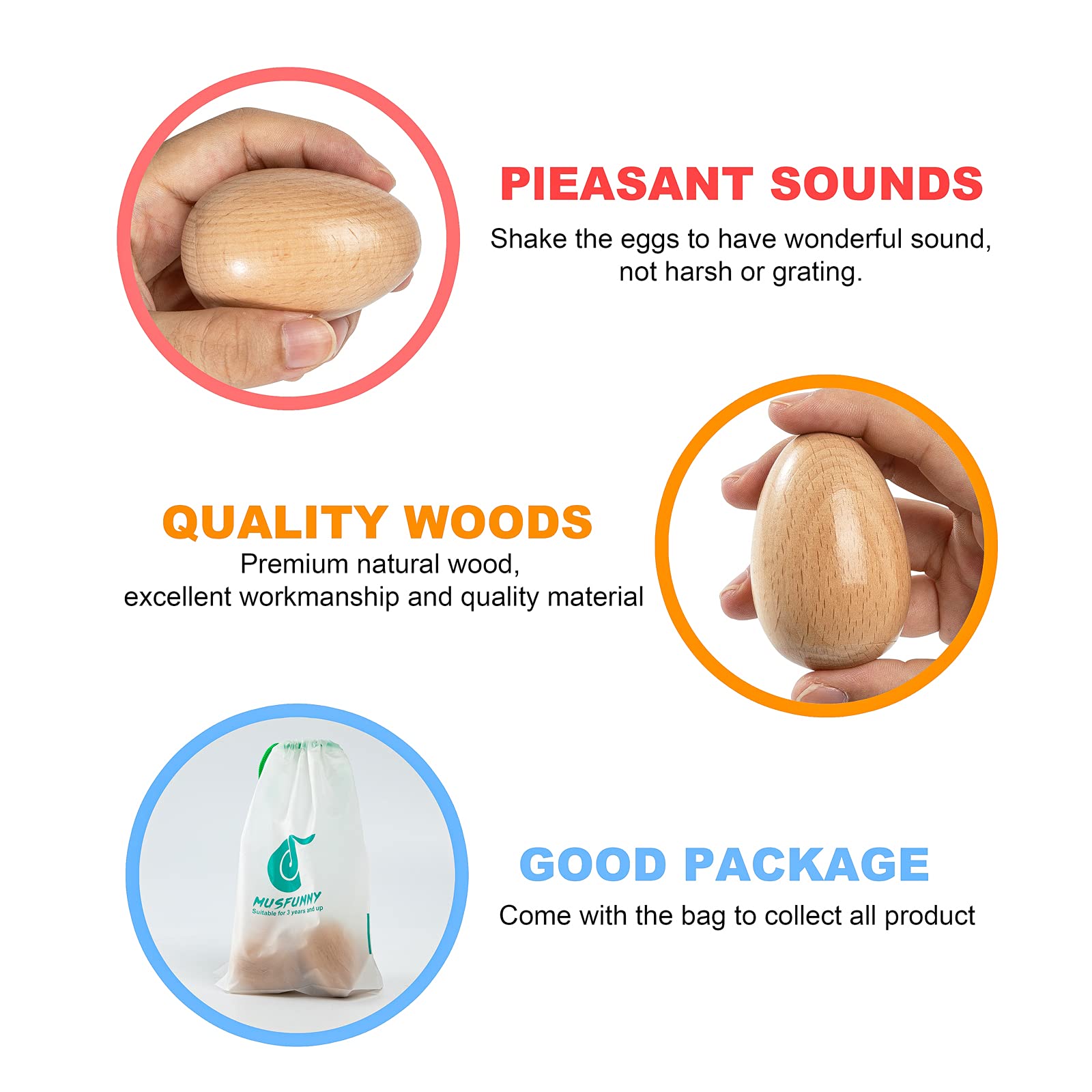 Wood Eggs Shakers, Musfunny 4Pcs Wooden Egg Maracas Shakers Hand Percussion Instrument For Musical Education Party Classroom Pri