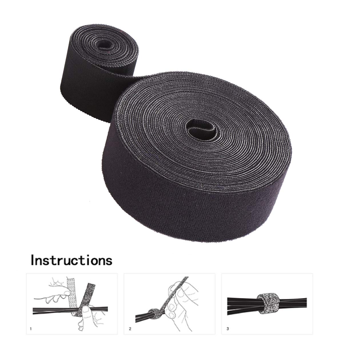 MYUREN Reusable Fastening Tape Cable Ties Roll Double Side Hook Loop Nylon Black 2 Inch 5 Yard