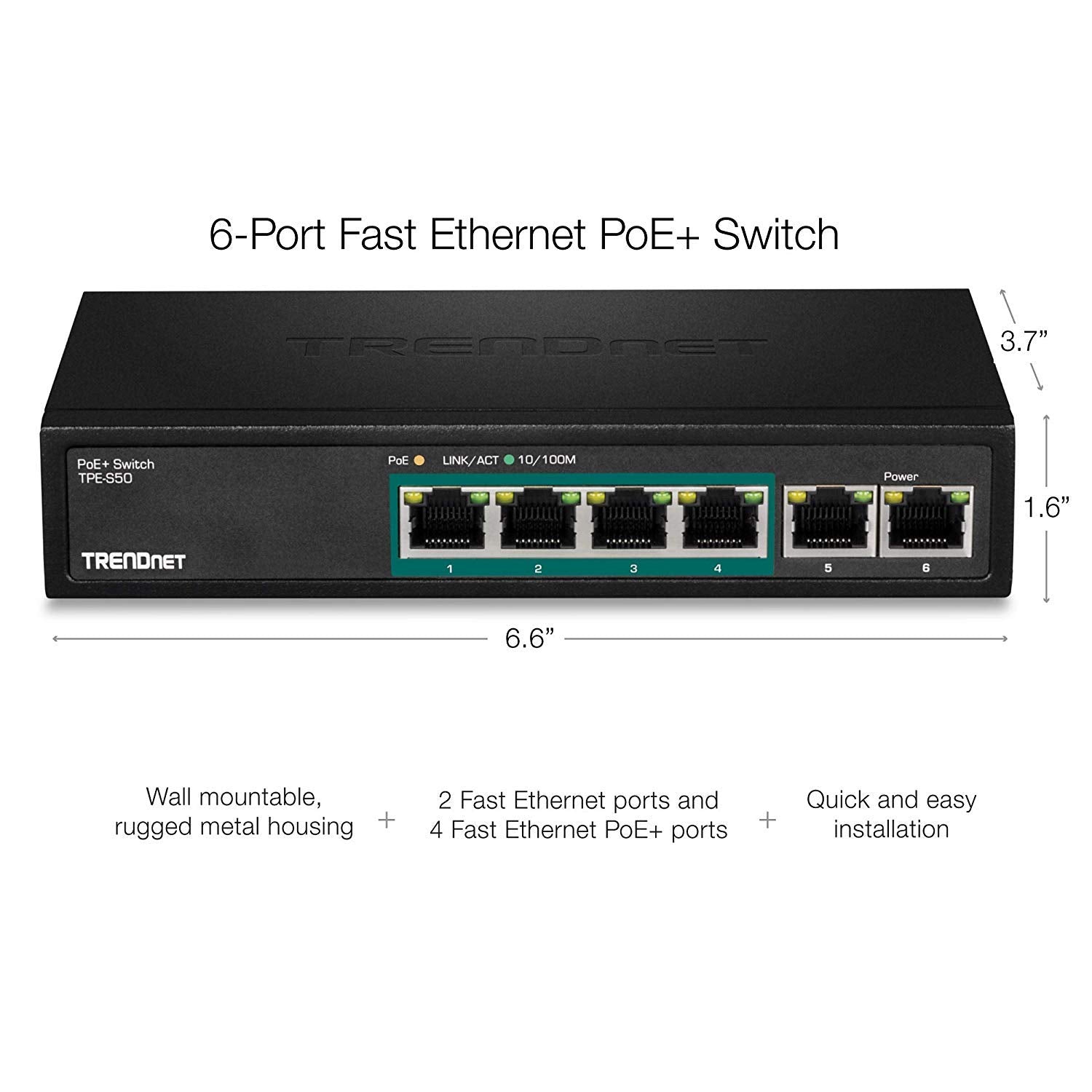 Rendnet 6-Port Fast Ethernet Poe+ Switch, Tpe-S50, 4 X Fast Ethernet Poe Ports, 2 X Fast Ethernet Ports, 60W Poe Budget, 1.2 Gbp