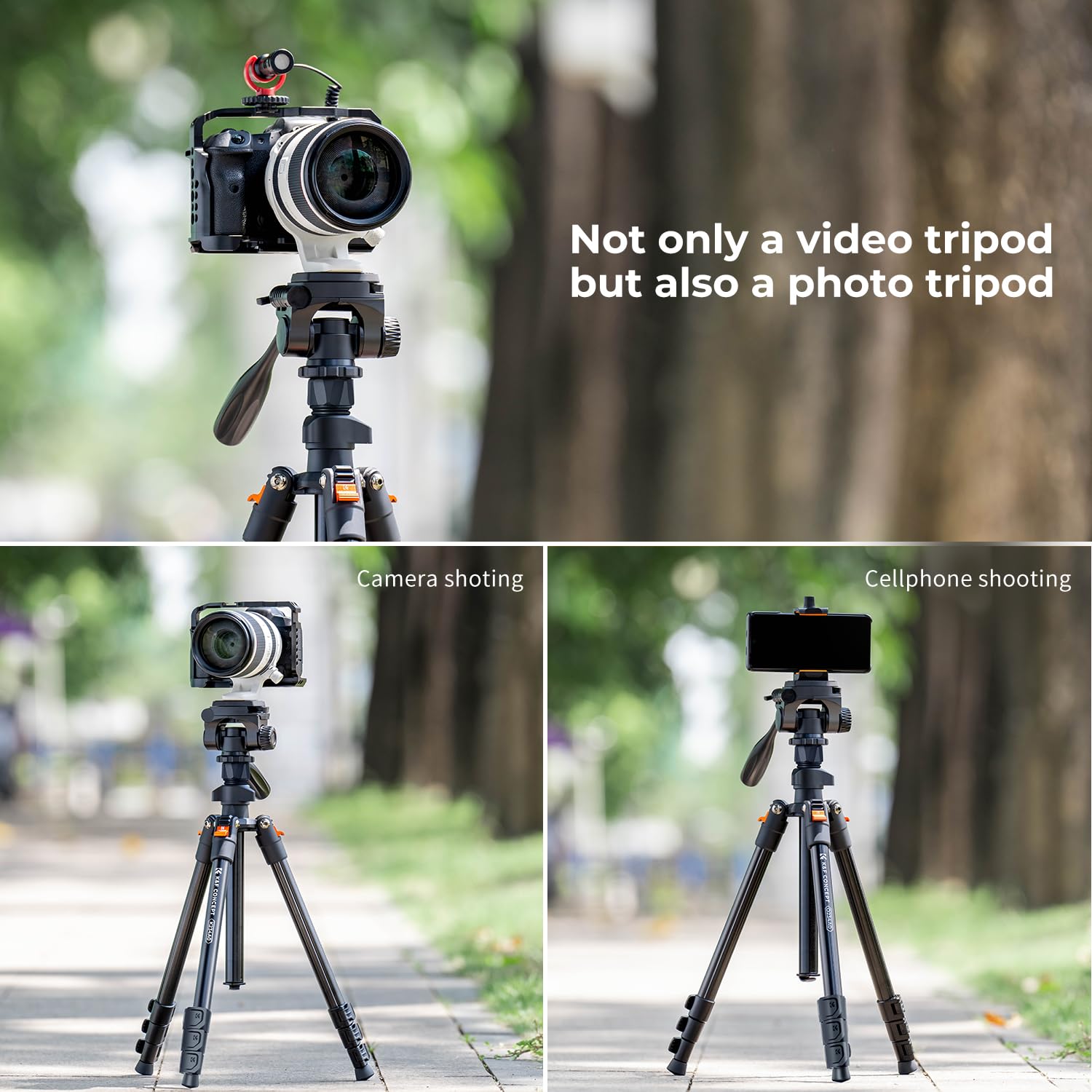 K&F Concept 70 Video Tripod,Lightweight Travel Tripod With 3-Way Swivel Pan Tilt Head Load 6.6 Lbs, Phone Holder Smartphone Clip
