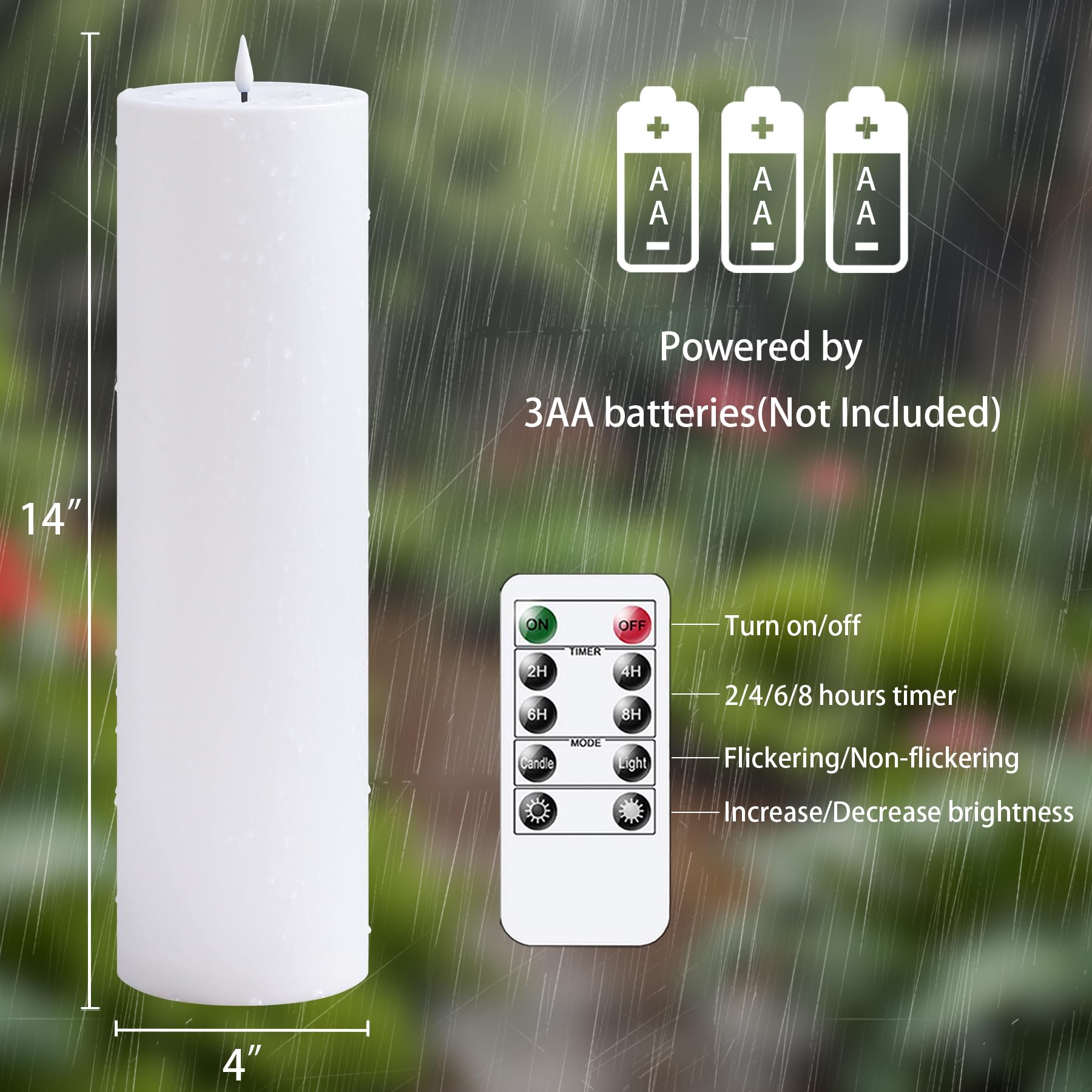 Yeelida 4'' X14'' Flameless Flickering Waterproof Candles With Remote, Led Battery Operated Timer Plastic White Pack Of 2 Pillar