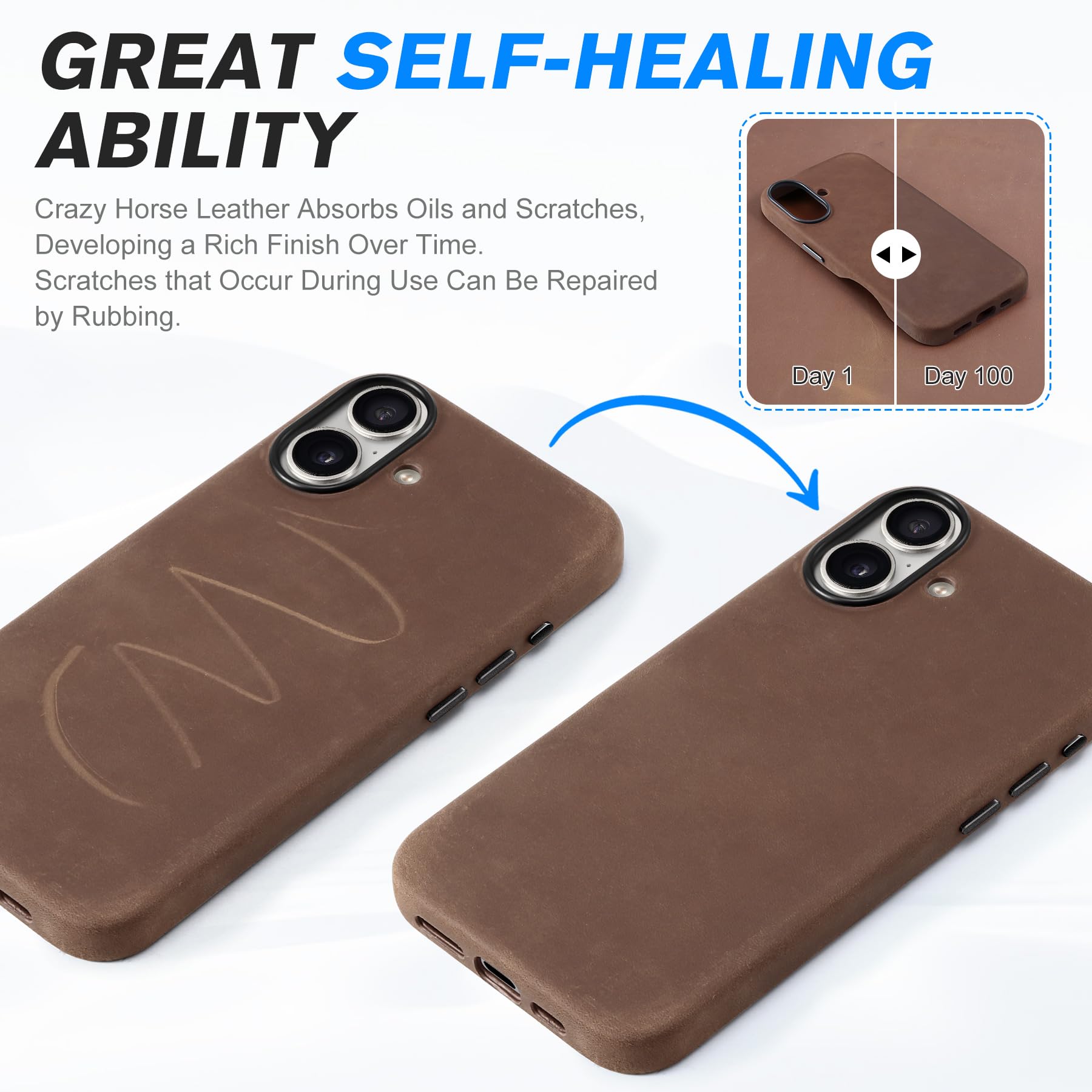 Shieldon Case For Iphone 16 Plus 5G, Top Grain Crazy Horse Leather Magnetic Wireless Charging Anti-Scratch Non-Slip Shockproof C