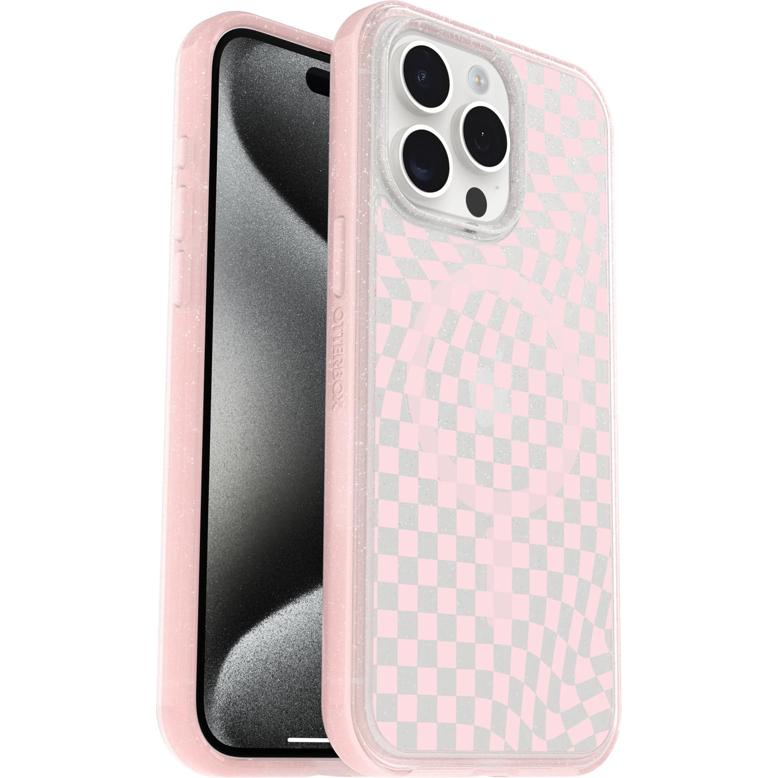 Otterbox Iphone 15 Pro Max (Only) Symmetry Series Clear Case   Checkmate (Pink), Snaps To Magsafe, Ultra Sleek, Raised Edges Pro