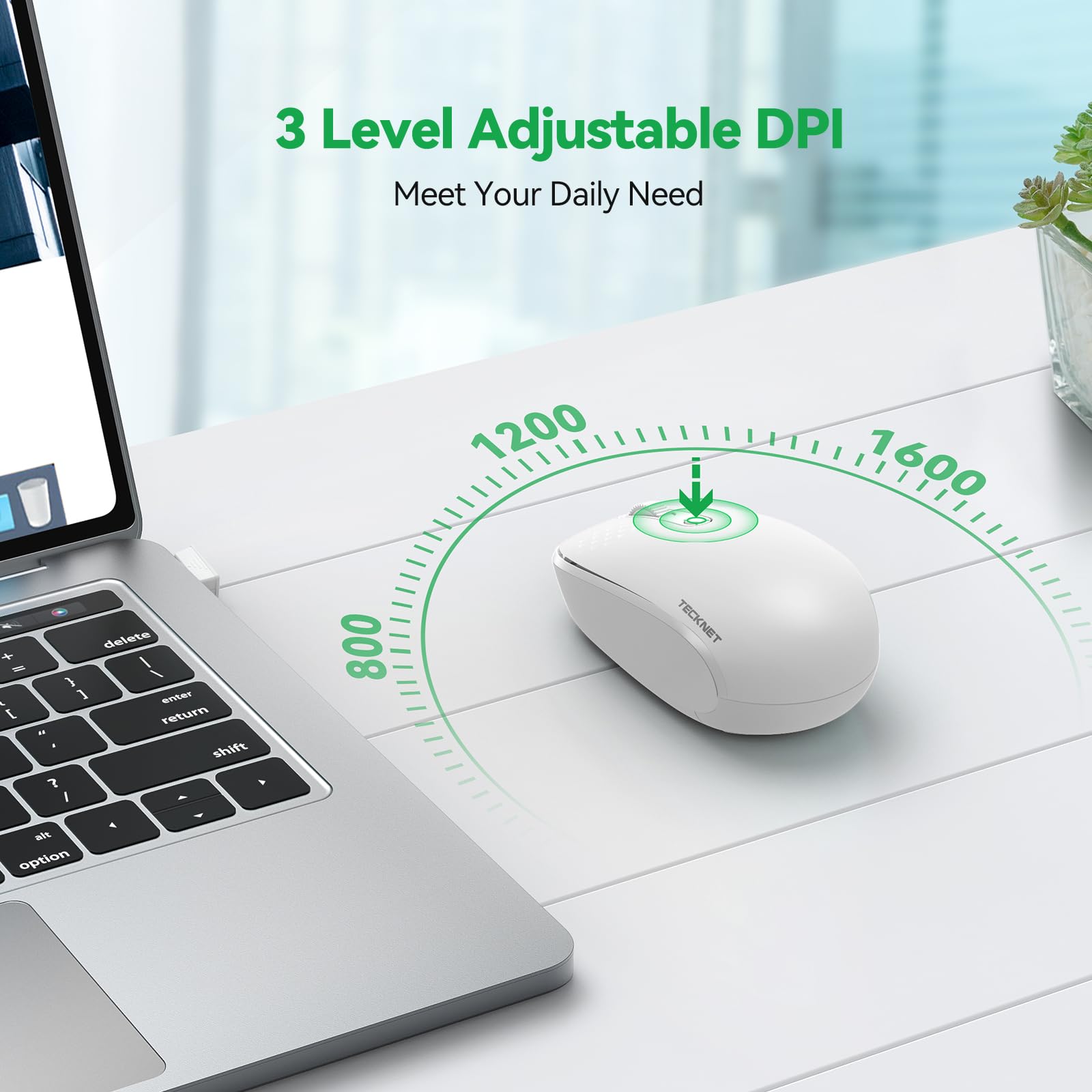 Tecknet Wireless Mouse For Laptop, 2.4G Quiet Computer Mouse With Usb Receiver, 4 Buttons Portable Cordless Mice For Chromebook, Laptop, Pc, Mac, 800/1200/1600 Dpi   White