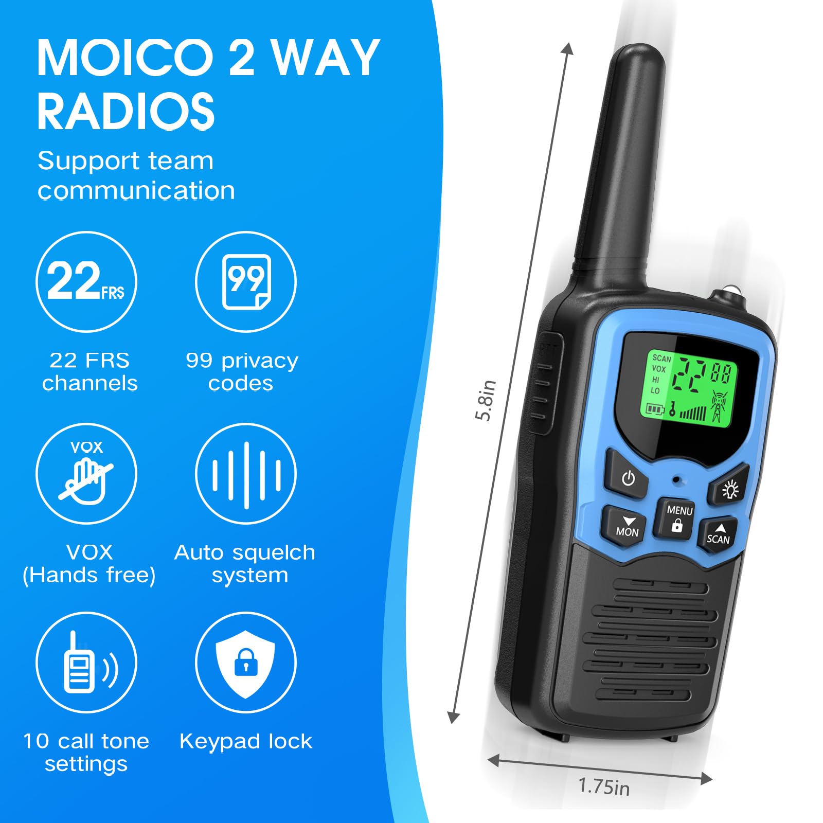 Walkie Talkies,Moico Long Range Walkie Talkies For Adults Two Way Radios With 22 Channels Frs Vox Scan Lcd Display With Led Flas