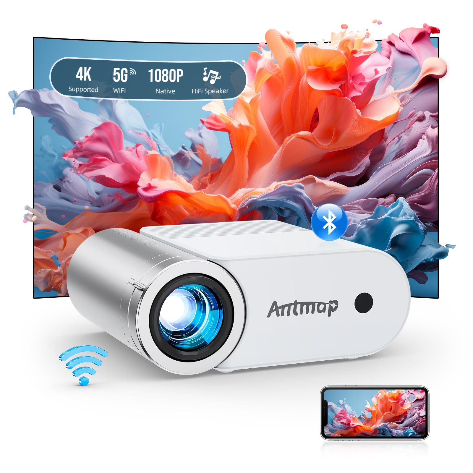 Projector With Wifi And Bluetooth, Antmap Mini Projector For Phone Native 1080P Bluetooth Projector Wireless Wifi Projector Comp