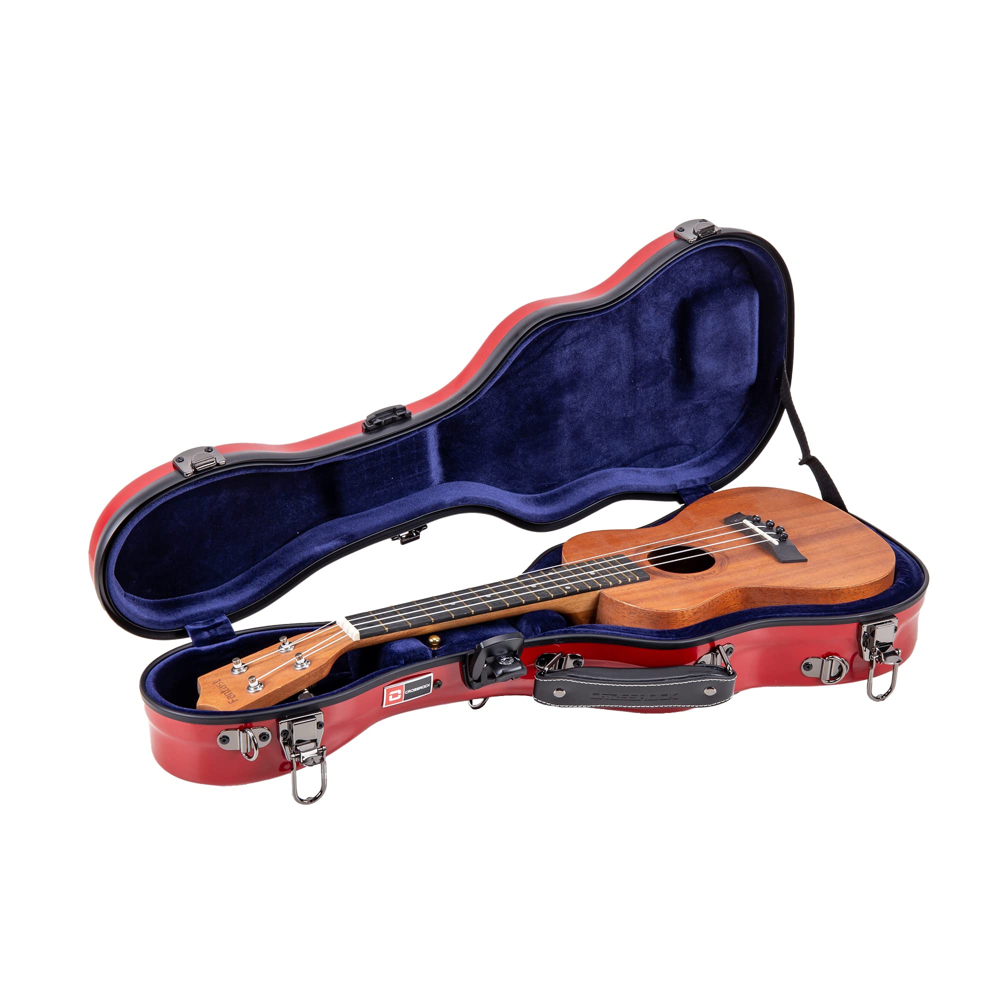 Crossrock Hardshell Fiberglass Concert Ukulele Case, Thick Padded, 4 Latches, Glossy Finish in Red