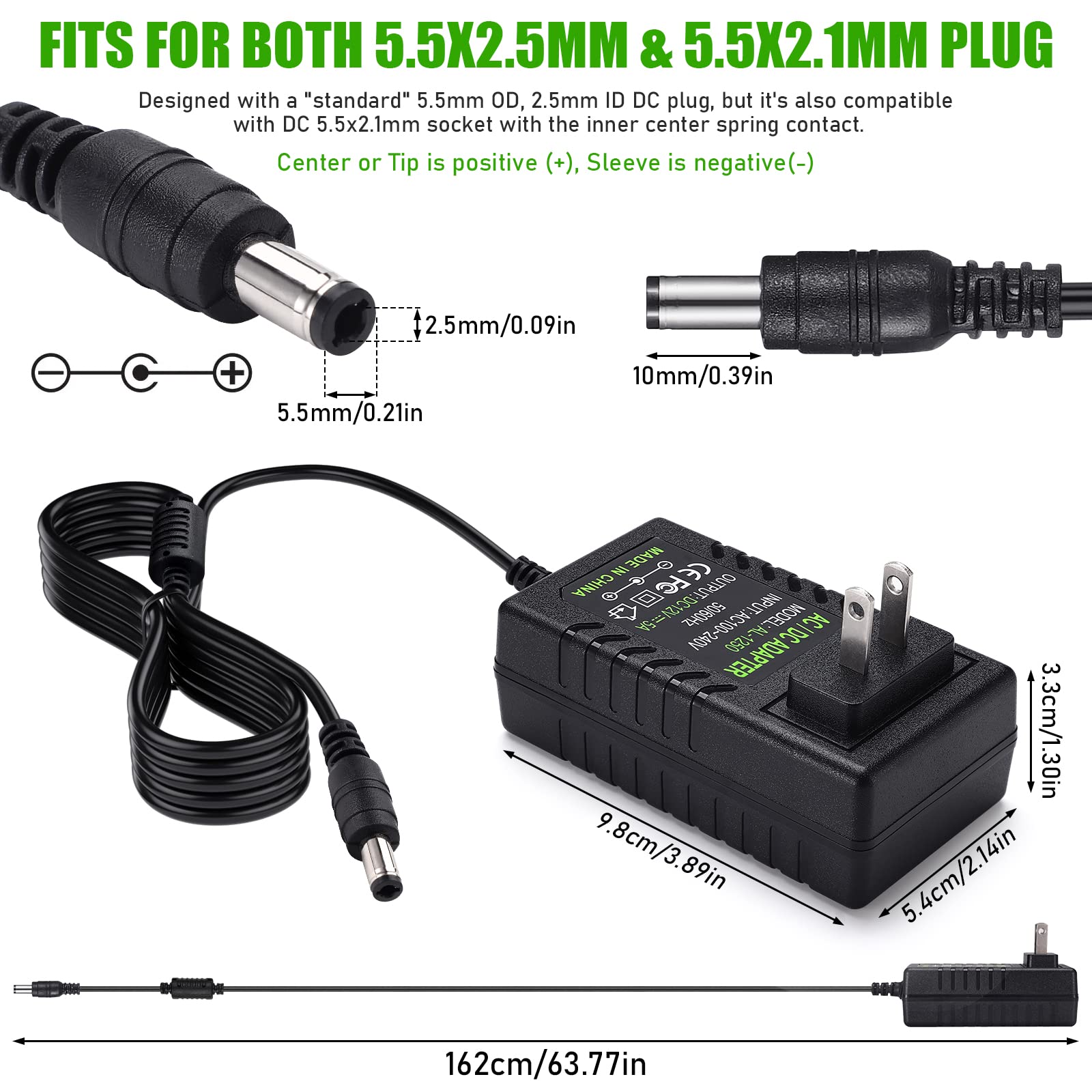 Tobwolf 60W 12V/5A Ac/Dc Wall Outlet Power Supply, 12V Dc Wall Mounted Ac Adapter, 12 Volt 5 Amp 60 Watt Dc Wall Plug Adapter, 1
