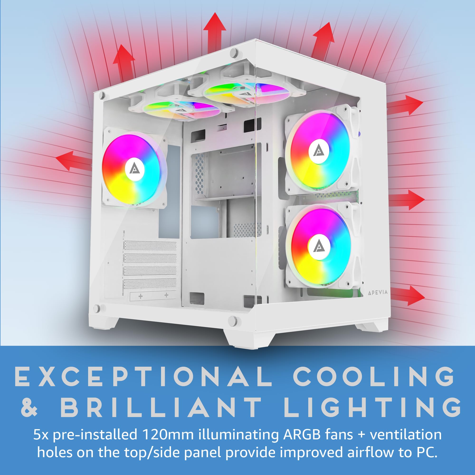 Apevia Prism Wh Prism Micro Atx Gaming Pc Cube Case W/ 5X 120Mm Argb Fans, 366 Rgb Modes, Dual Tempered Glass Panels, 240Mm Radi
