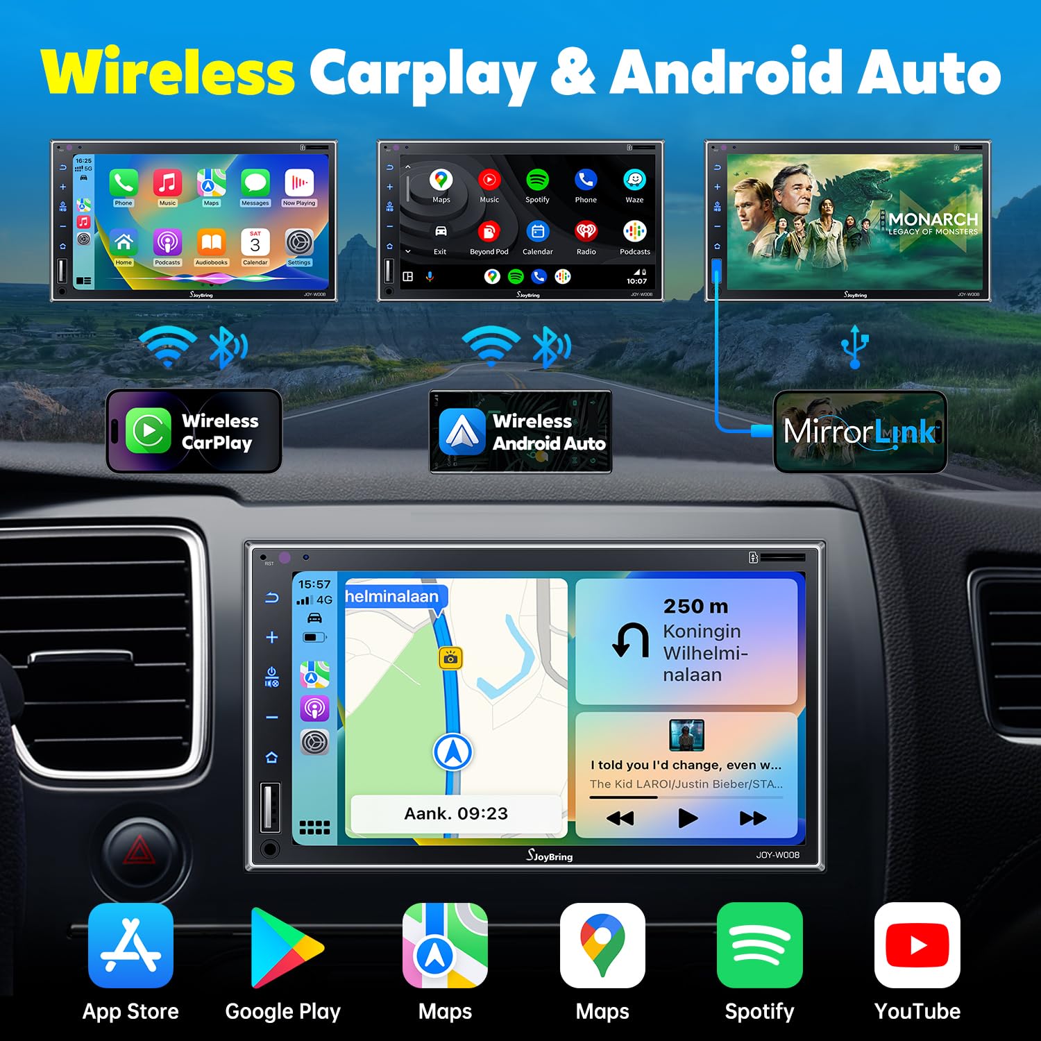 Double Din Car Stereo With Wireless Apple Carplay, Android Auto, 7 Inch Full Hd Capacitive Touchscreen   Bluetooth, 4 Channel Rc