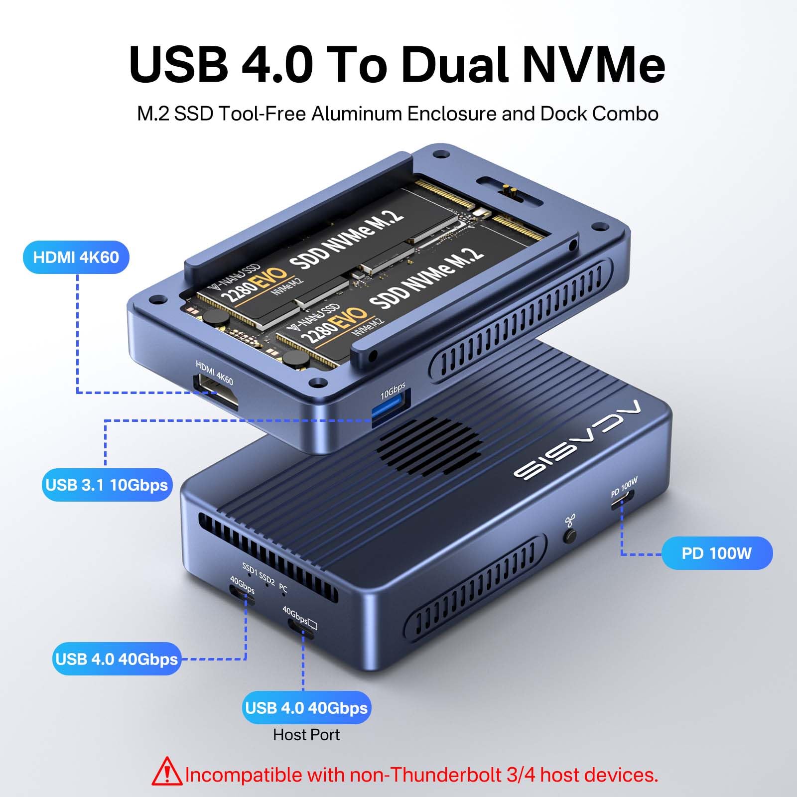 Acasis 40Gbps M.2 Nvme Ssd Enclosure, Cooling Fan, Compatible Thunderbolt 4/3/Usb 4.0, Support Ssd B+M M Key, Dual Bay Ssd Enclosure Dual Monitor Support Software Raid, 2 Usbc 40Gbps For M1/M2/Windows