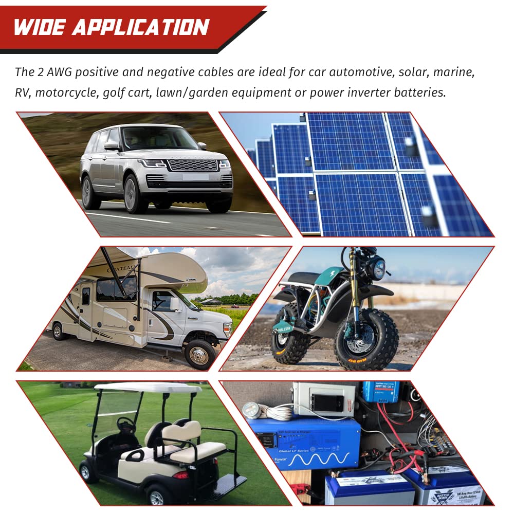 2 Awg 2 Gauge Red + Black Pure Copper Battery Cables Power Inverter Wire Set For Solar, Rv, Car, Boat, Automotive 12In 3/8 In Lu