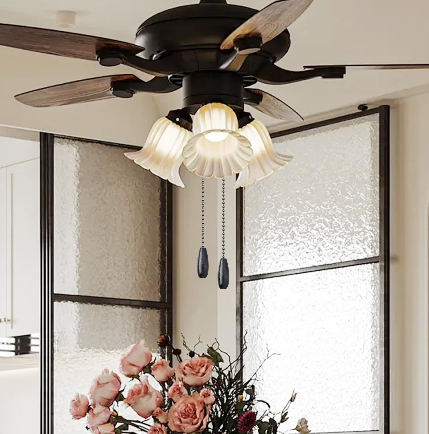 Dotlite 2Pack Black Wooden Ceiling Fan Pull Chain Extender, 12In Decorative Fan String Pulls Extension,3Mm Diameter Beaded Chain