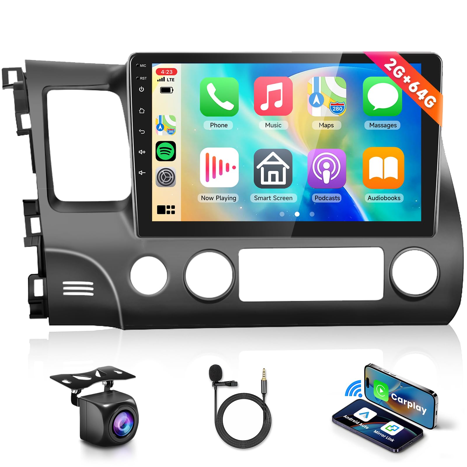 2G+64G Car Stereo Radio For Honda Civic 2006 2011 With Wireless Carplay Android Auto, 10.1 Inch Android 13 Touch Screen Head Unit, Hifi Audio Gps Navigation Wifi Bluetooth Swc Hd Backup Camera