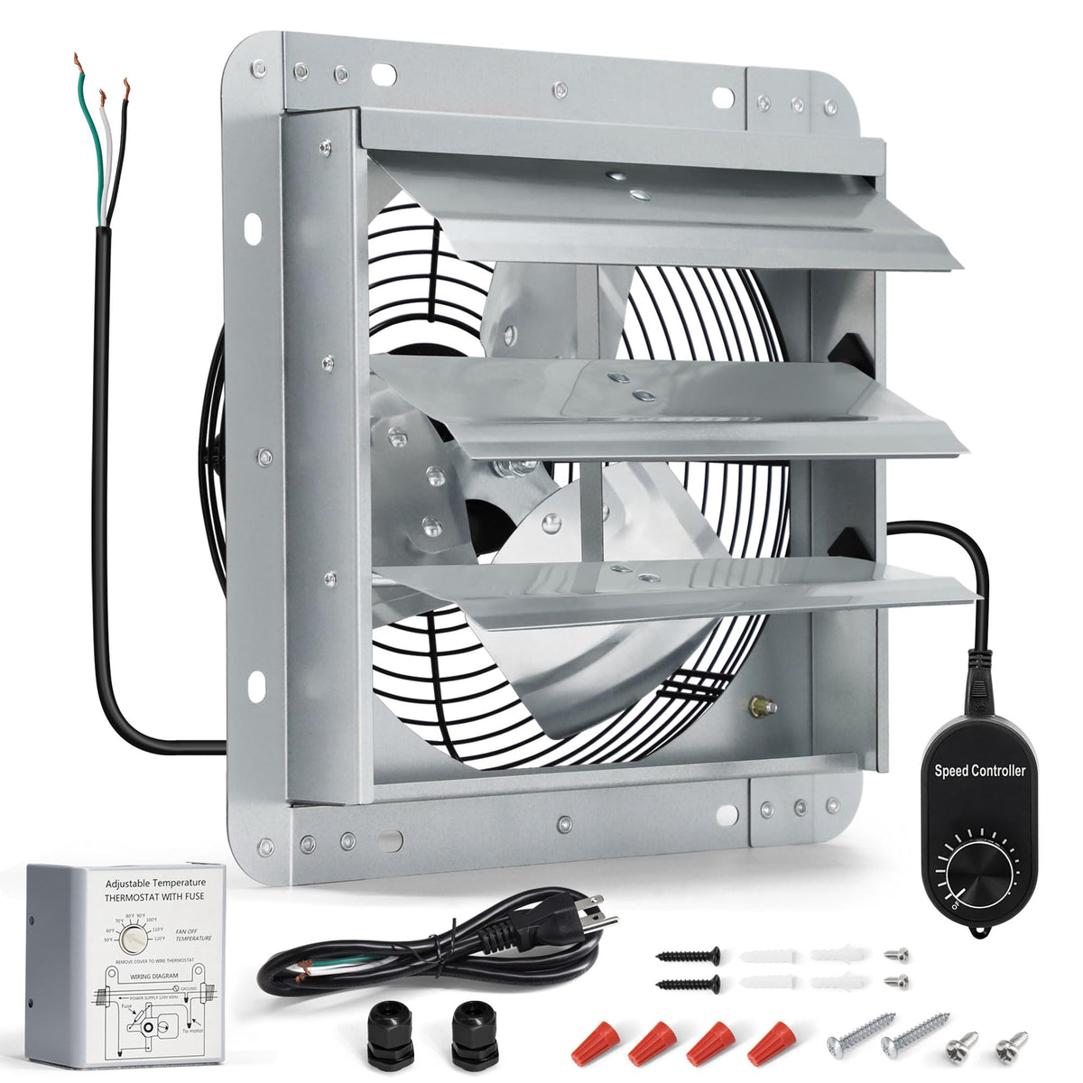 Hipoilk 10 Inch Shutter Exhaust Fan, Wall Mount Attic Fan With Thermostat And Speed Controller For Greenhouses, Sheds, Garages, 
