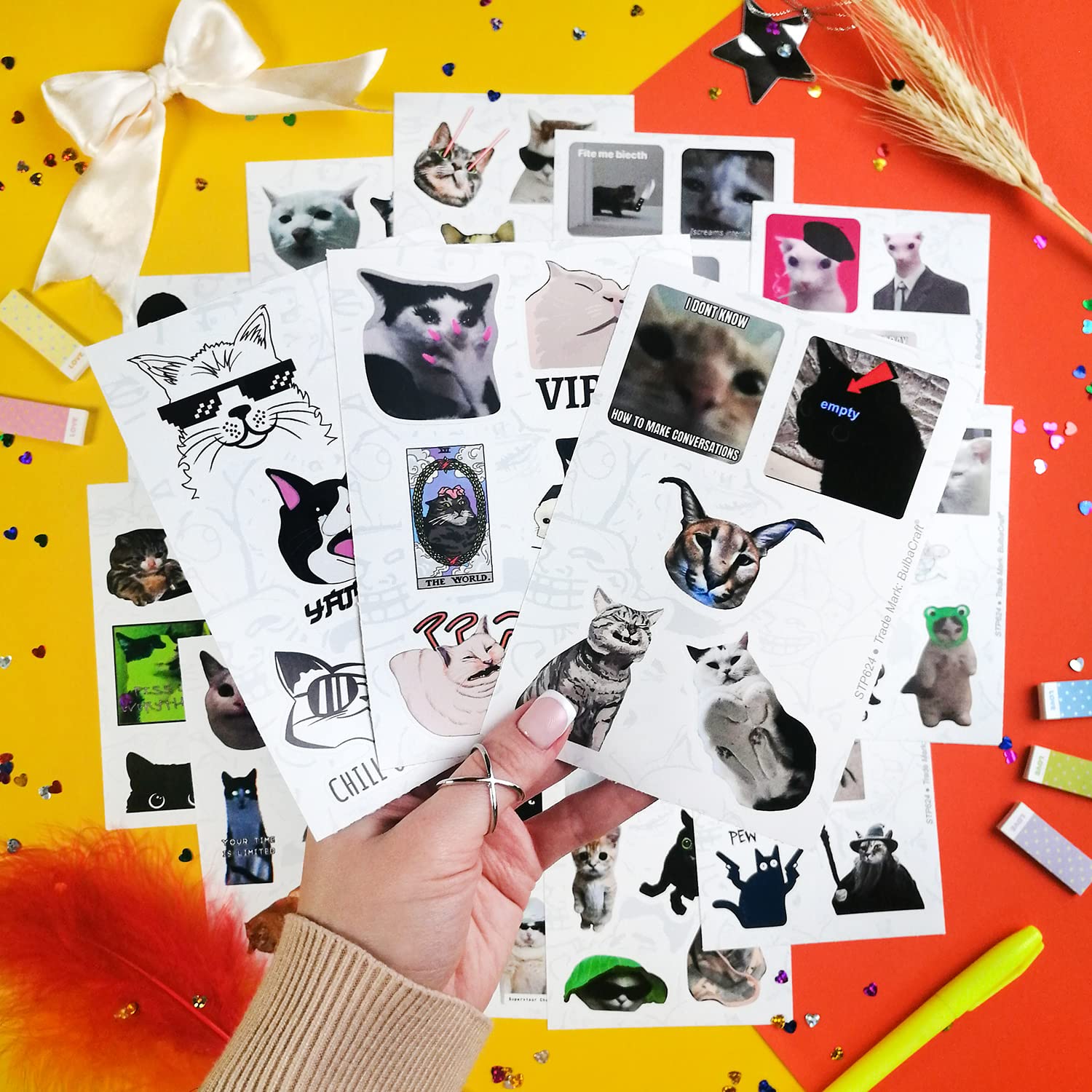 BulbaCraft 100Pcs Cat Meme Stickers - Vinyl Funny Cat Memes, Grumpy Cat, Cat Lover Gifts, Laptop Decals