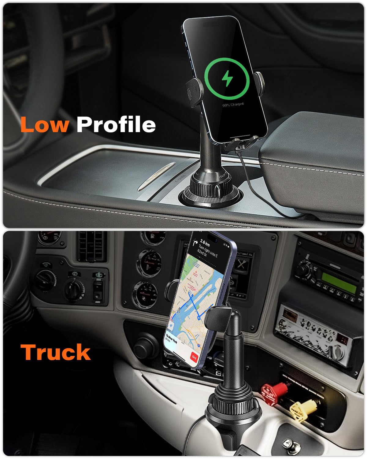 Apps2Car Solid Cup Holder Phone Mount For Car Wireless Charger 15W With Quick Extension Long Arm Fast Swivel Adjustable Height 3