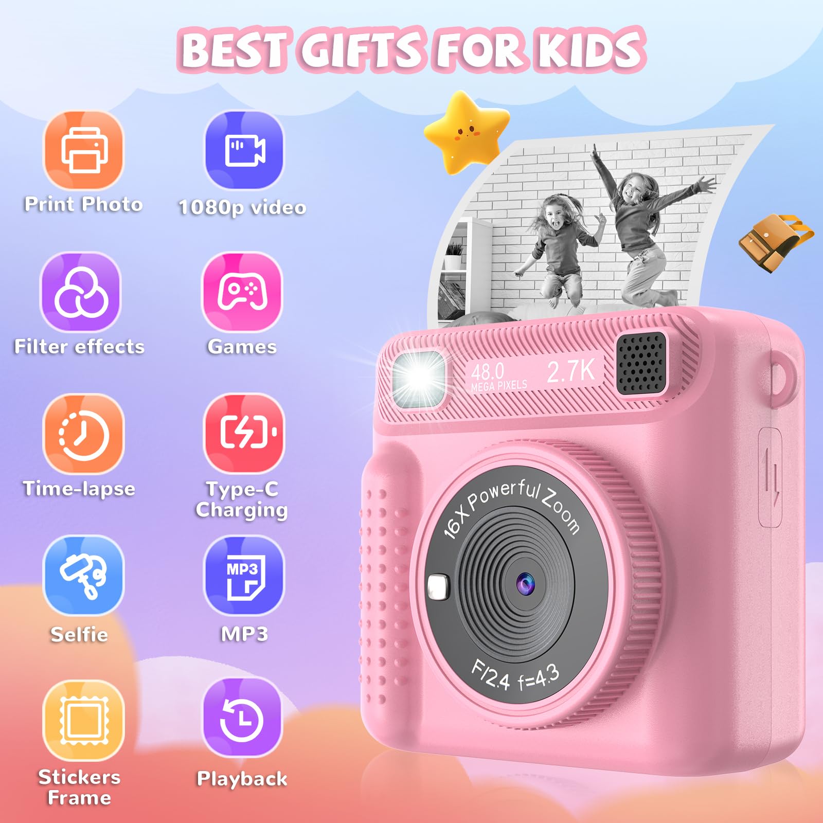 Jpverly Instant Print Camera For Kids   Hd Video, 32Gb Sd Card, Portable Toy For Girls & Boys Age 3 12, Christmas Birthday Gifts