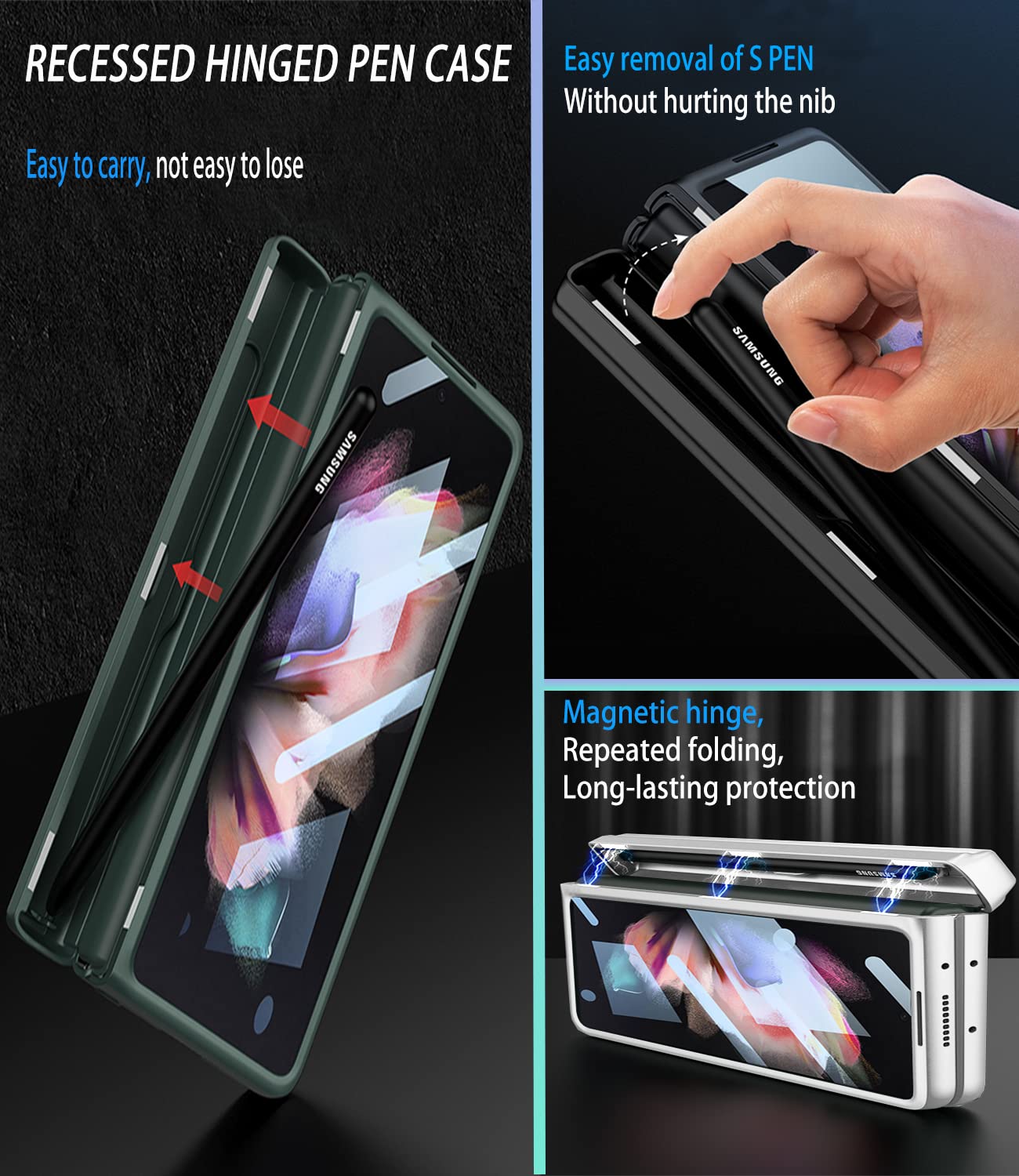 Cocoing For Samsung Galaxy Z Fold 3 Case With Pen Holder,Hinged Cover Built In With Pen Slot,With Screen Protector&Adjustable Br