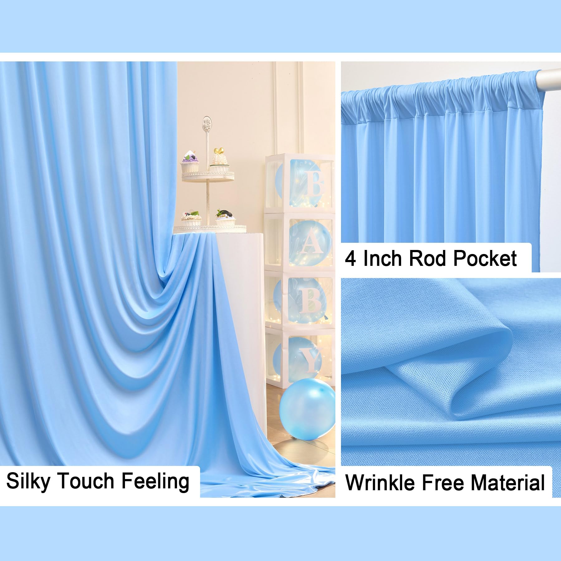 10 Ft X 10 Ft Wrinkle Free Baby Blue Backdrop Curtains For Baby Shower Parties, Polyester Light Blue Photo Backdrop Drapes For B