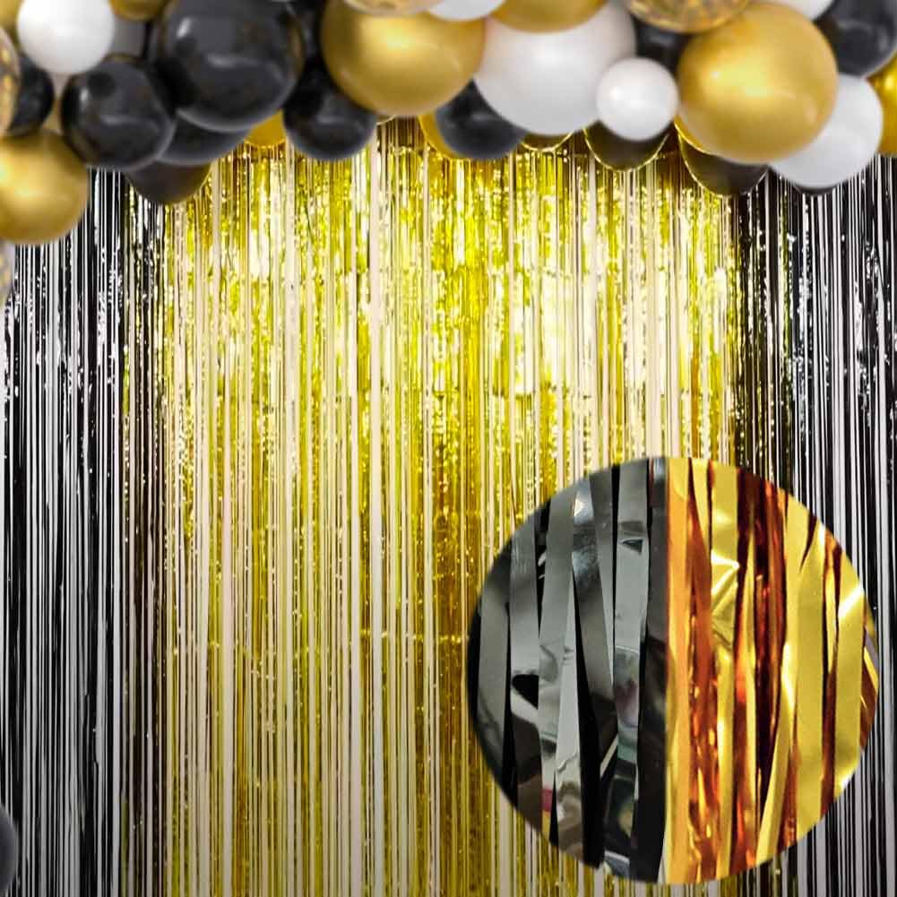 Eufars Black And Gold Party Decorations   4Pack 3.2X8.2Ft Foil Fringe Curtains For Birthday Graduation Masquerade Gatsby Themed