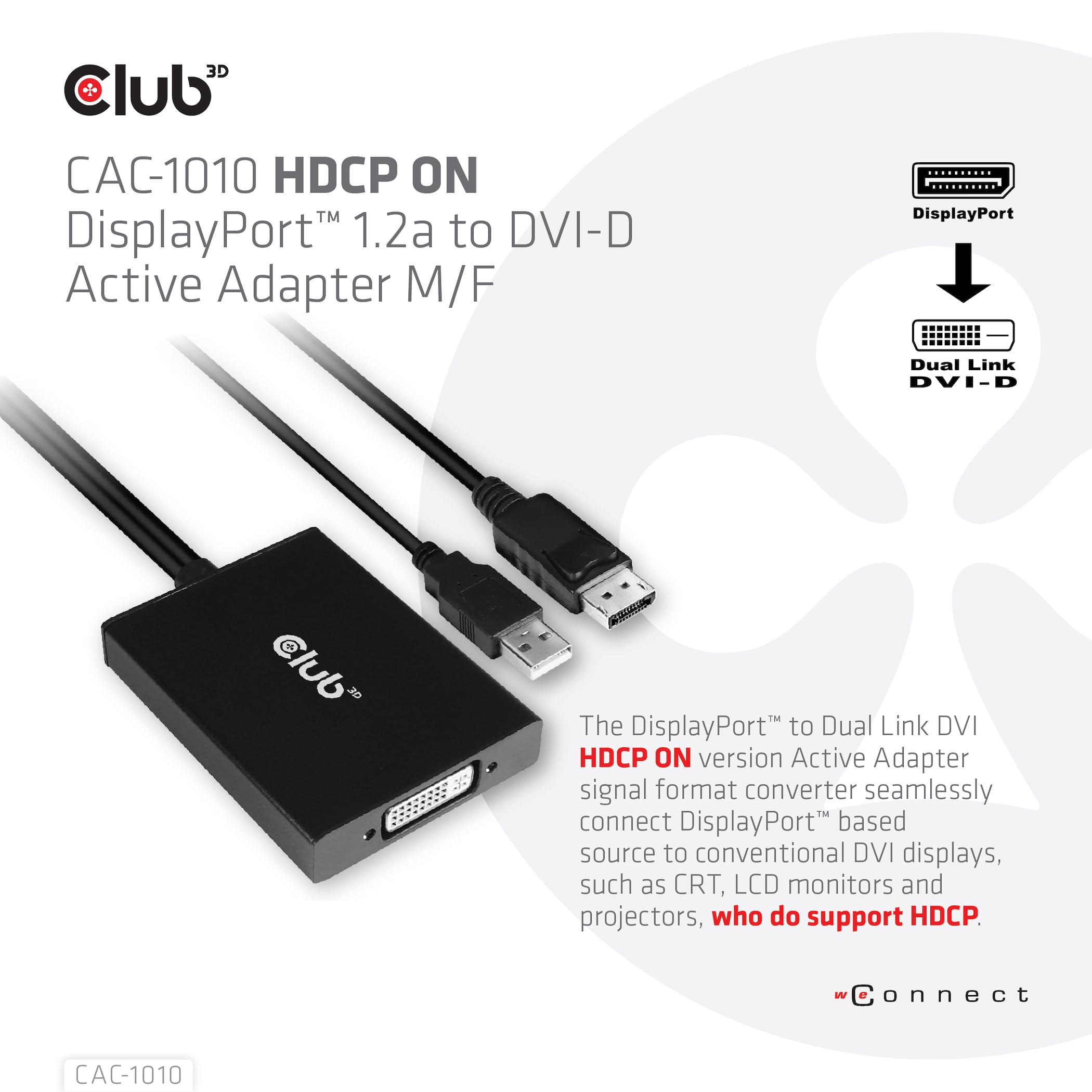 Club 3D Cac 1010 Displayport To Dvi Dual Link Dvi D Active Adapter For Your Monitordisplay   Usb A Powered   2560X1600 Resolutio