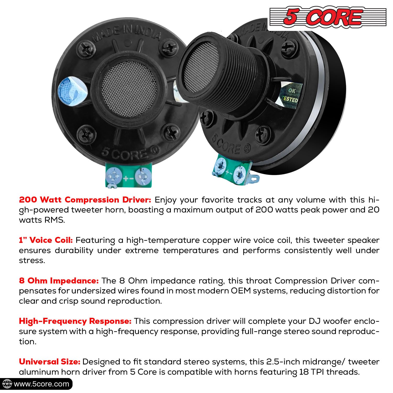 5 Core Compression Driver 1'' Exit Screw On Horn 200W Pmpo Tweeter Driver Unit High Frequency 8 Ohms 1'' Voice Coil 108Db Also F