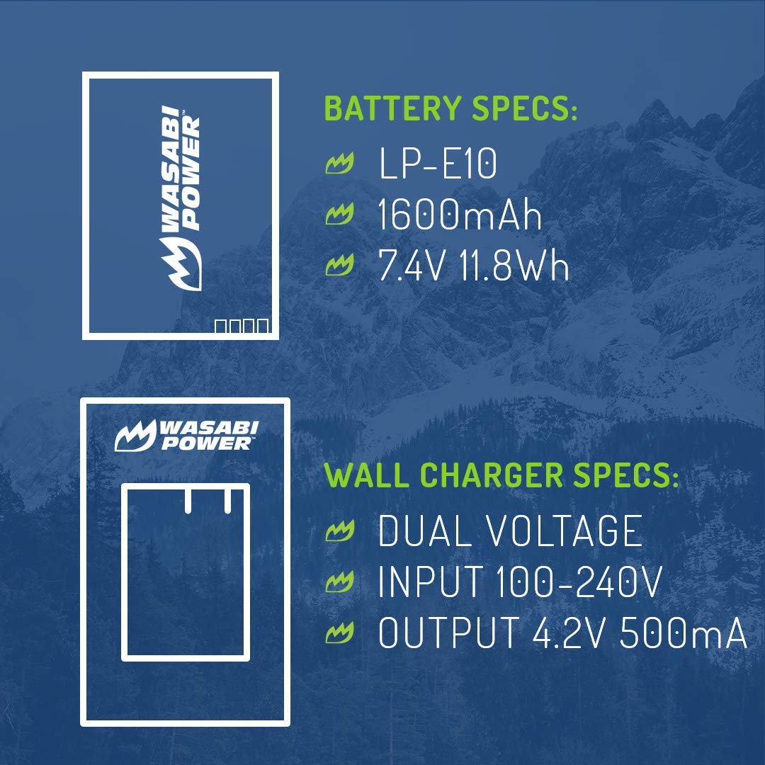 Wasabi Power LP E10 Battery for Canon EOS Rebel T7, T6, T5, T3, T100 (2 Pack and Charger, 1600mAh)