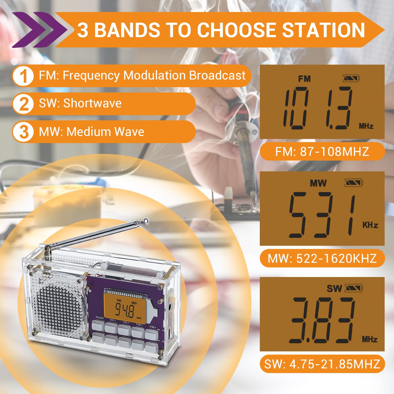 Icstation Diy Radio Kit, Fm Radio Assemble Kit With Time Display Rechargeable Fm Radio Kit Fm 87 108Mhz No Soldering Required As