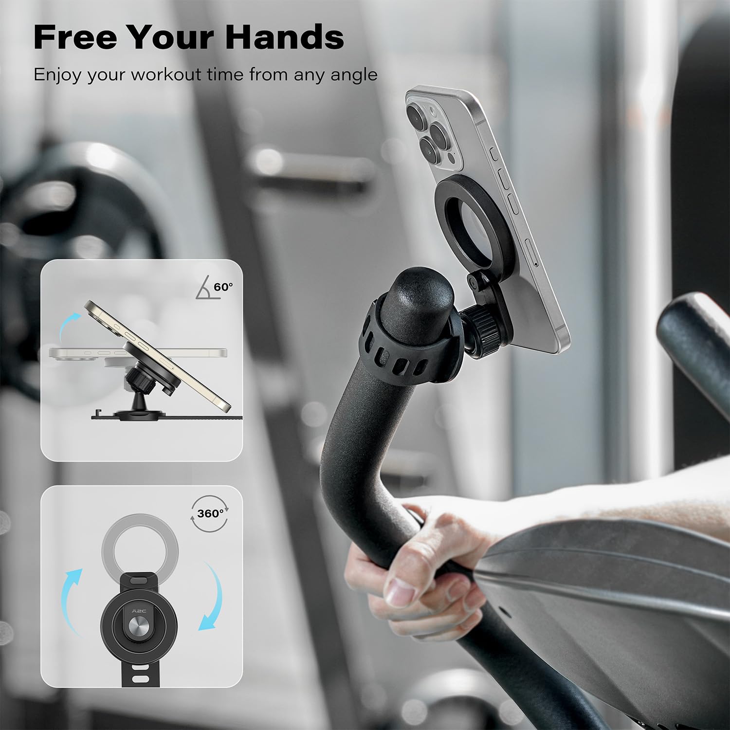 A2C Adjustable Strap Magnetic Bar Phone Mount For Peloton Treadmill, Exercise/Stationary Bikes, Stroller, Shopping Cart, Fits 0.