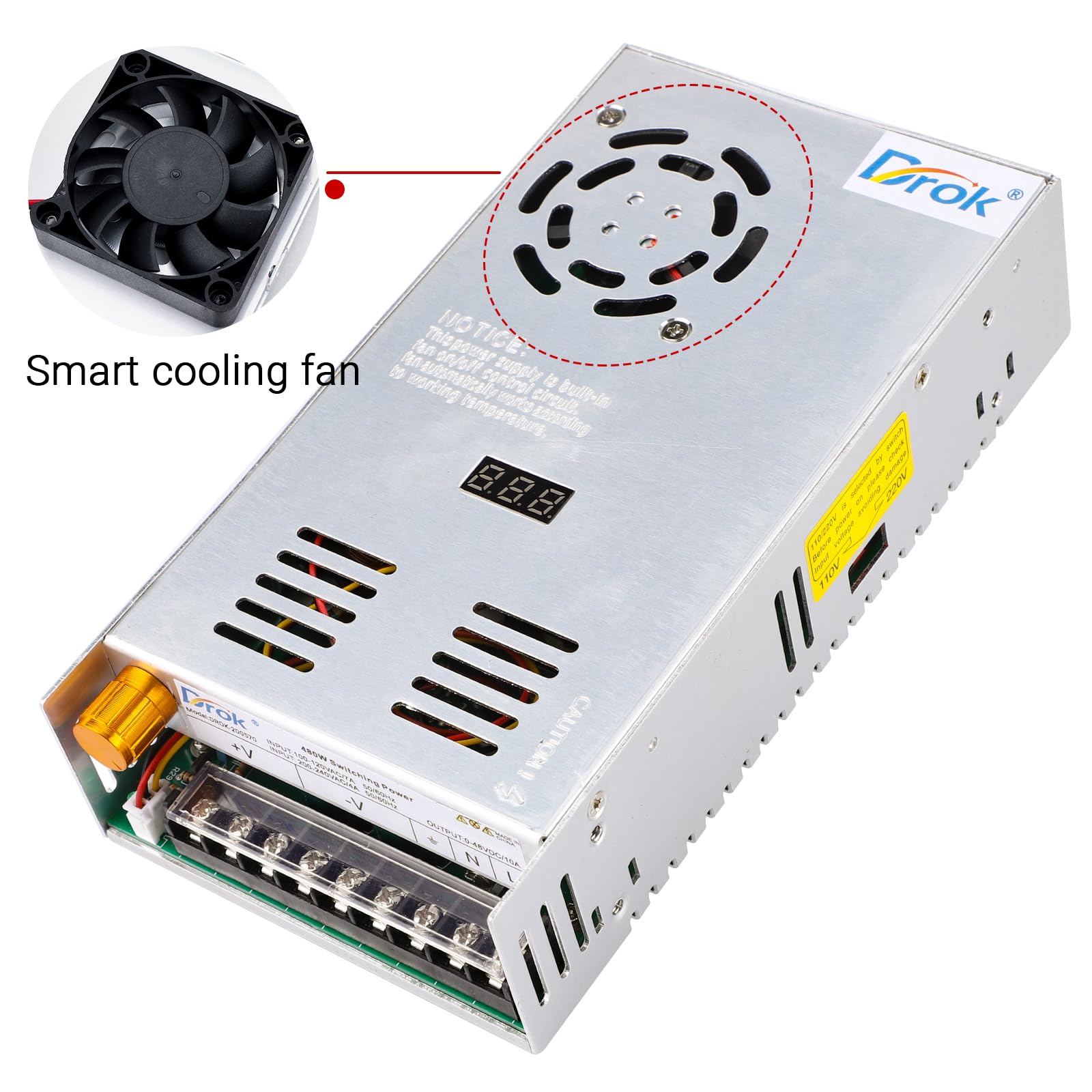 DROK 48V Power Supply, AC to DC Adjustable 10A 480W Converter for Lab CCTV, 5V-48V Voltage Transformer, Single Display Fix Current
