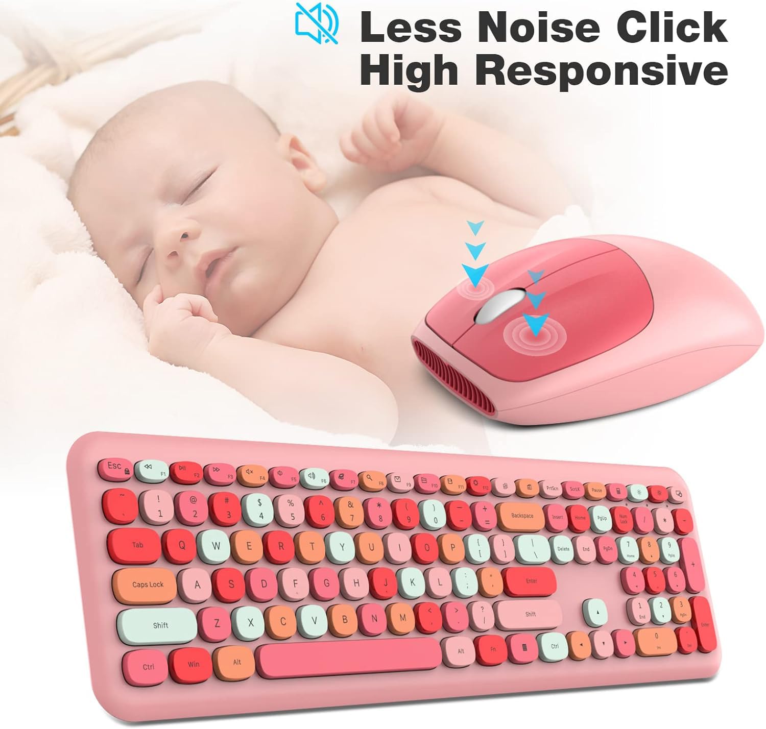 Knowsqt Wireless Keyboard And Mouse Combo, Pale Pink Full Sized 2.4G Silent Keycap Colorful Keyboards, Usb Dongle Plug Play, Lap